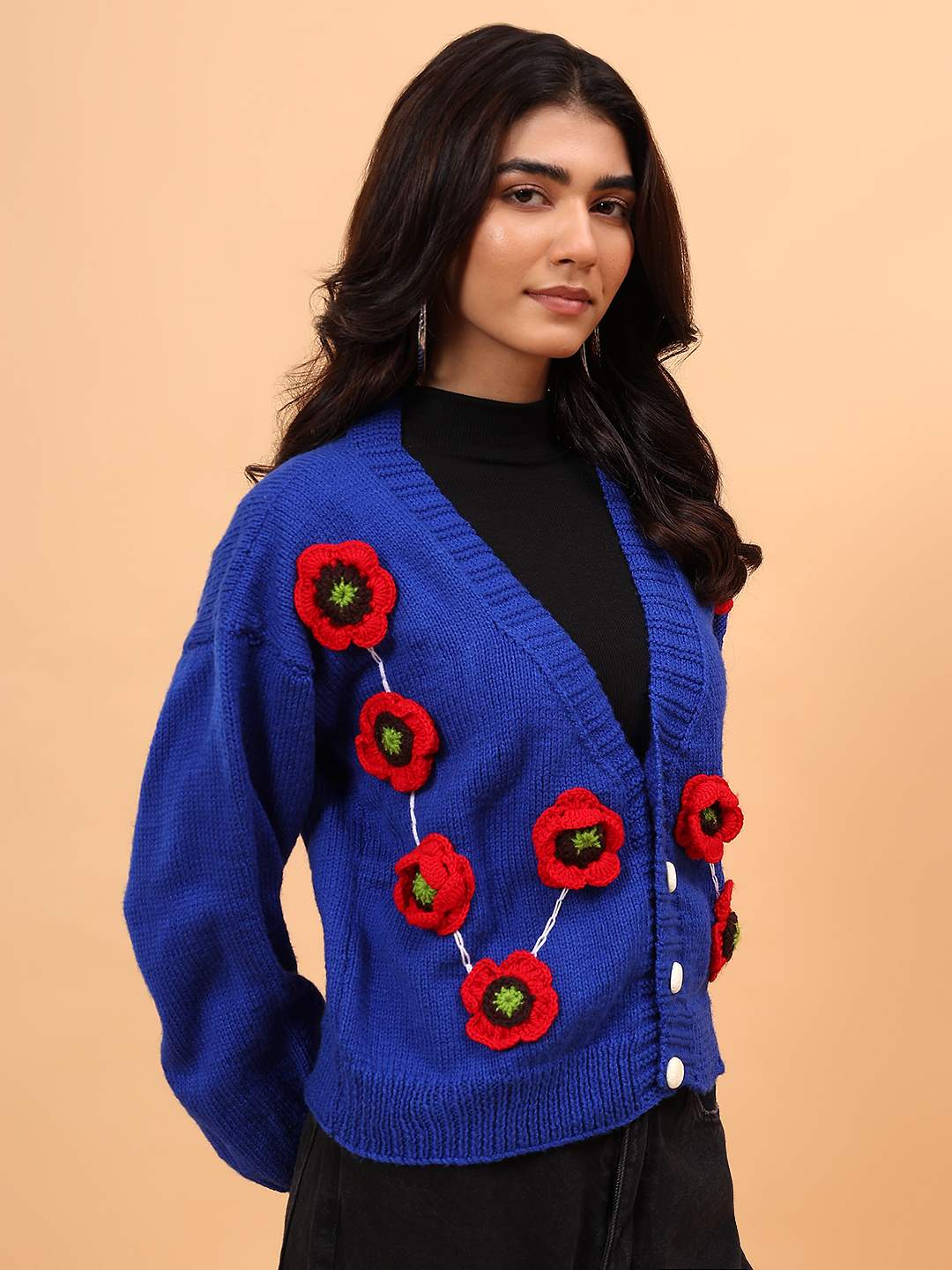 Velvery Floral Applique Cardigan - Blue
