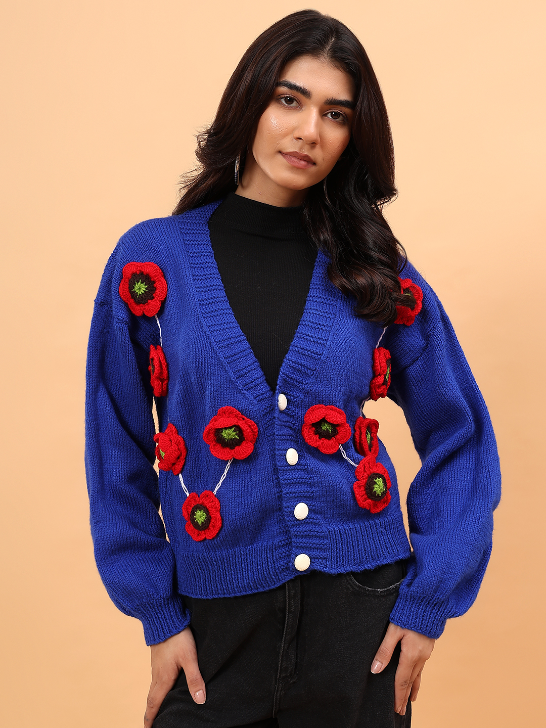 Velvery Floral Applique Cardigan - Blue