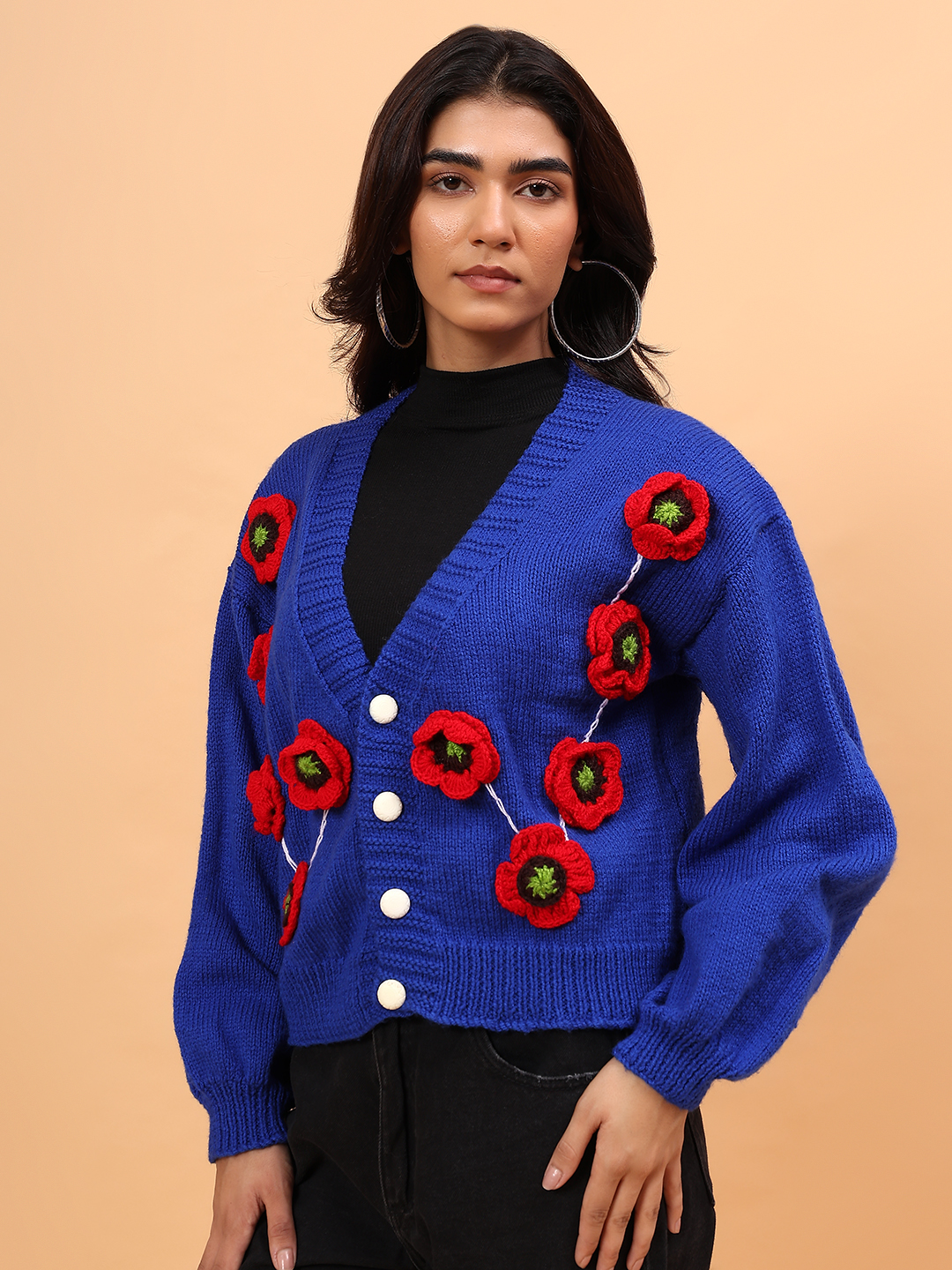 Velvery Floral Applique Cardigan - Blue