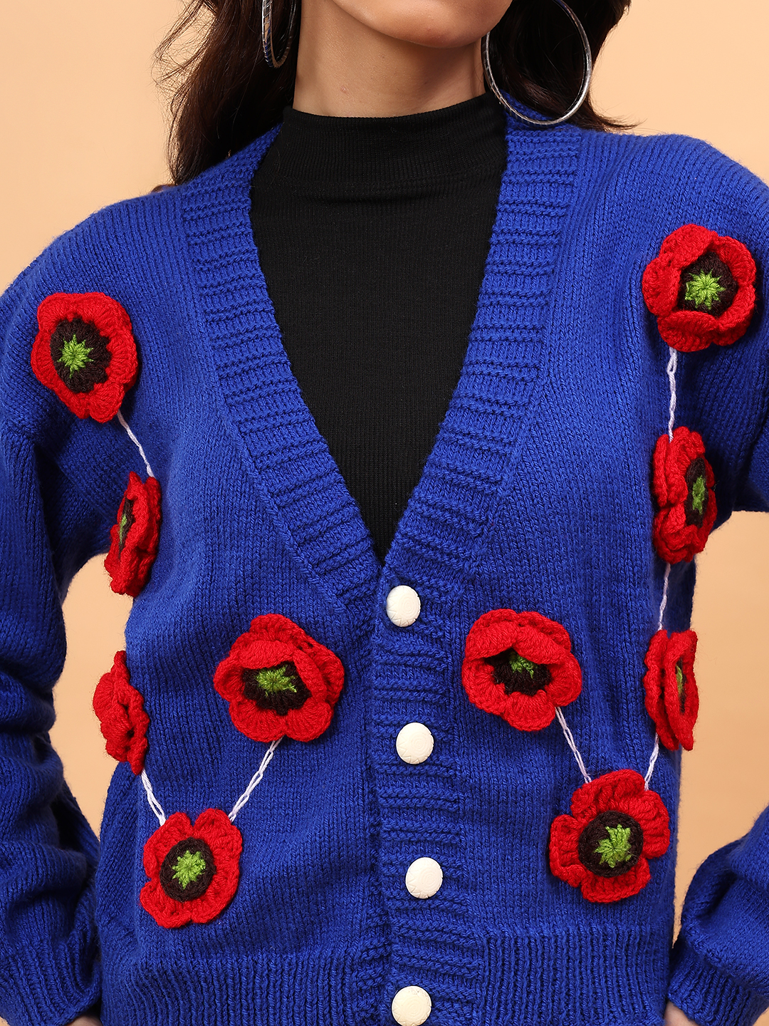 Velvery Floral Applique Cardigan - Blue