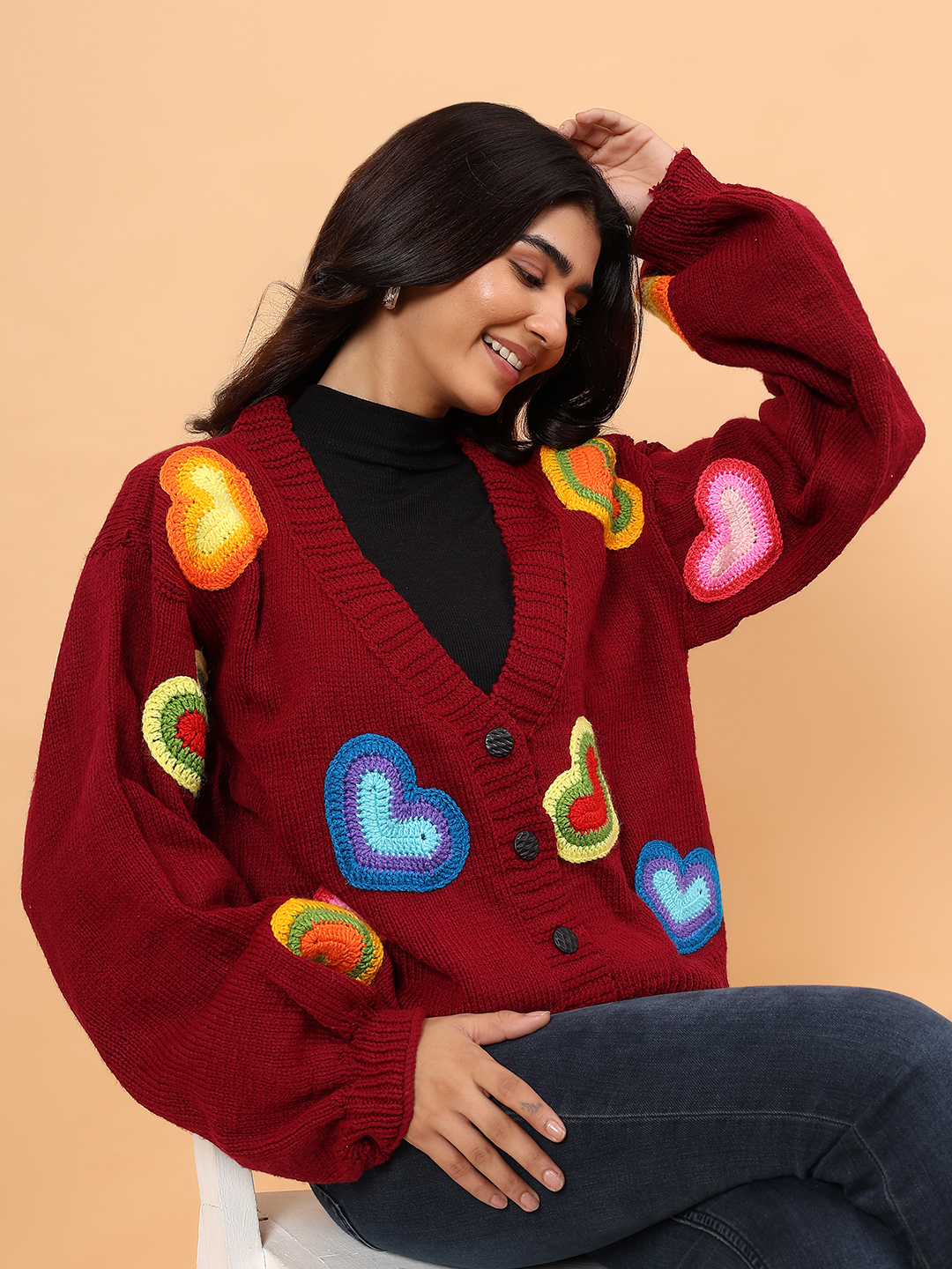 Velvery Heart Applique Cardigan - Maroon