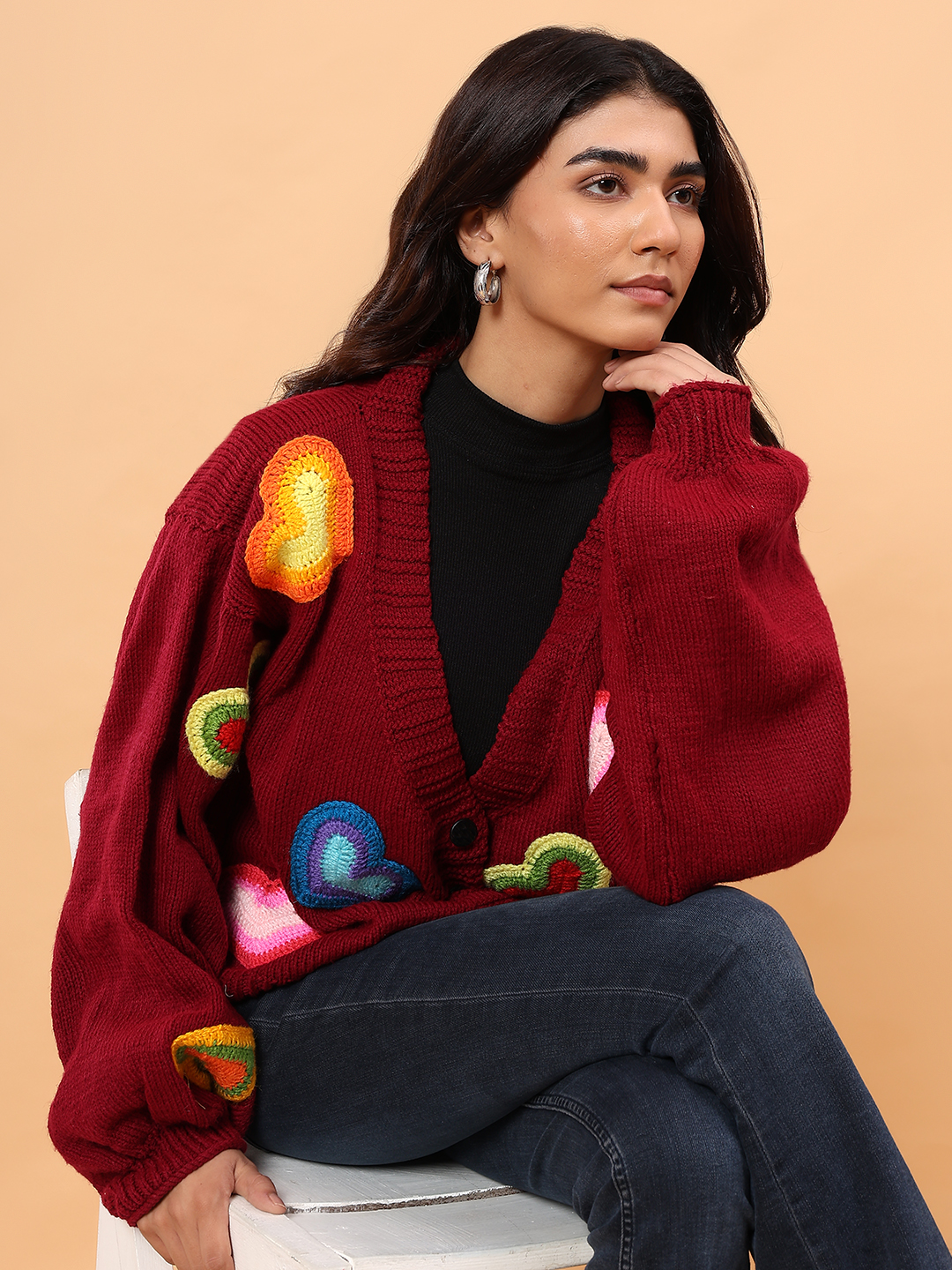 Velvery Heart Applique Cardigan - Maroon