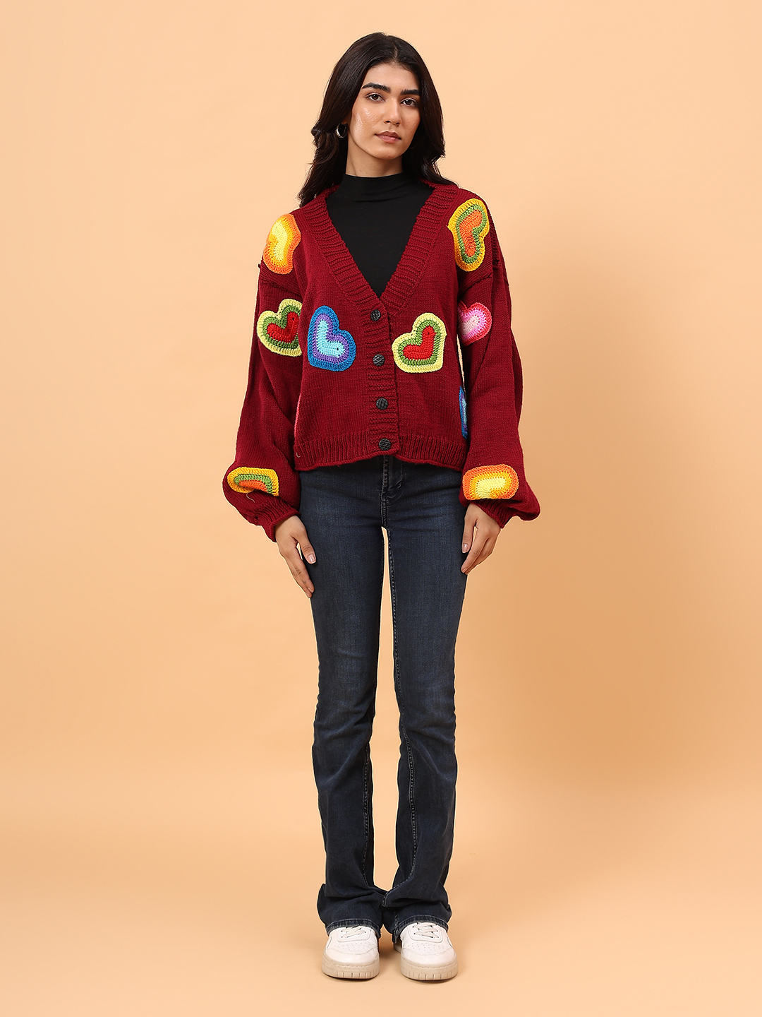 Velvery Heart Applique Cardigan - Maroon