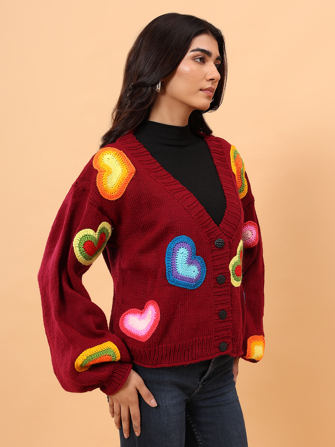 Velvery Heart Applique Cardigan - Maroon
