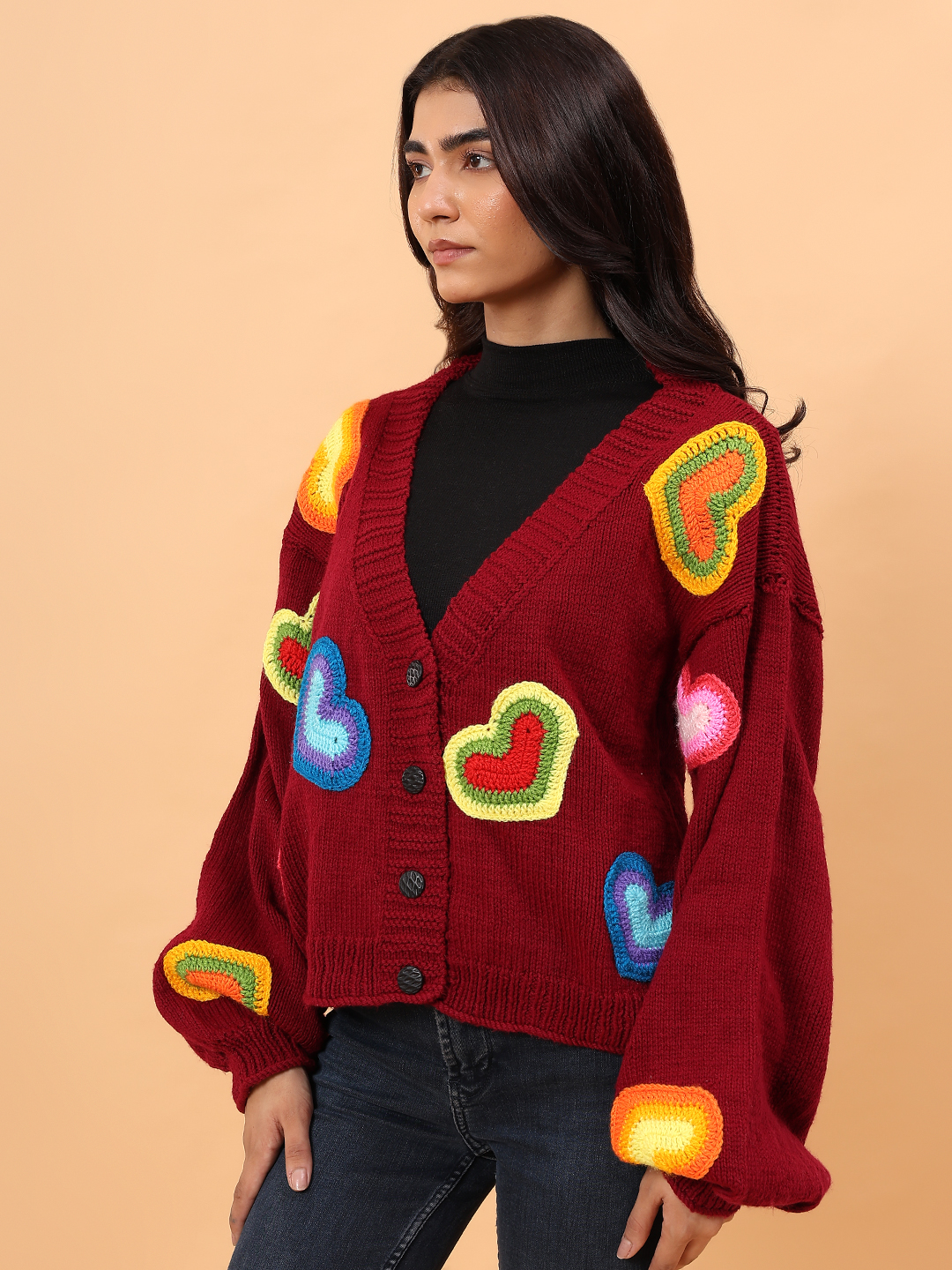 Velvery Heart Applique Cardigan - Maroon