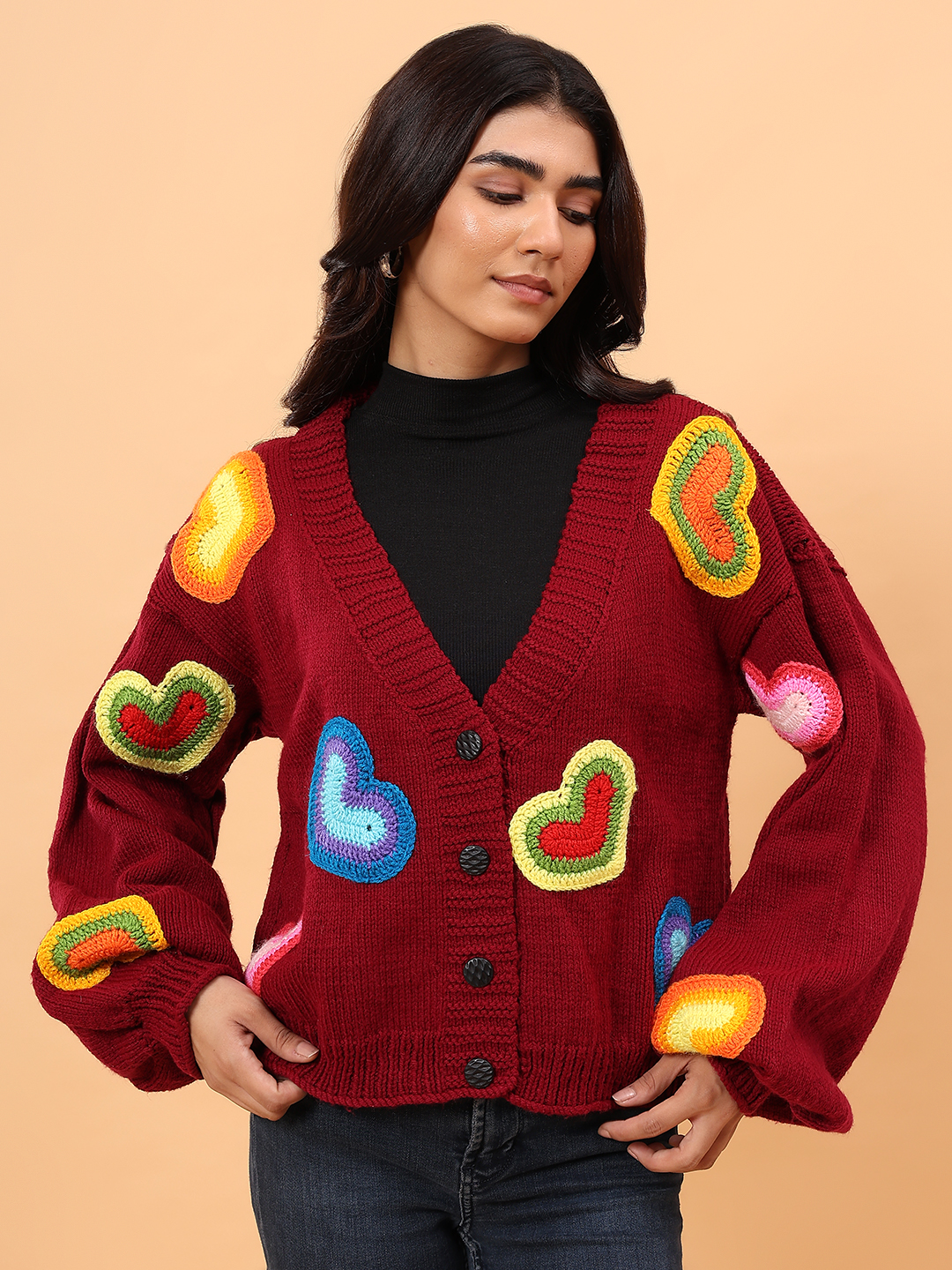 Velvery Heart Applique Cardigan - Maroon