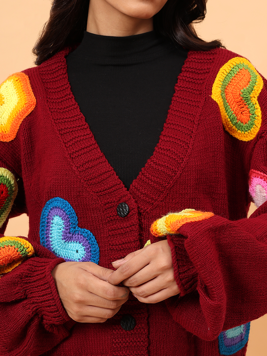 Velvery Heart Applique Cardigan - Maroon