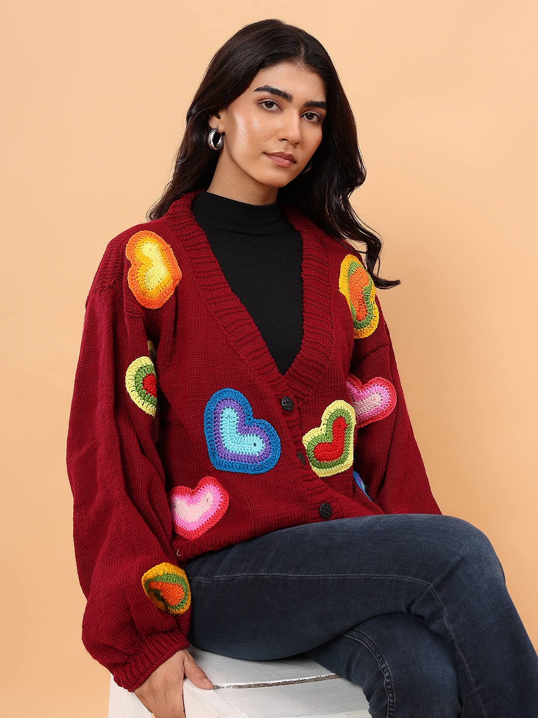 Velvery Heart Applique Cardigan - Maroon
