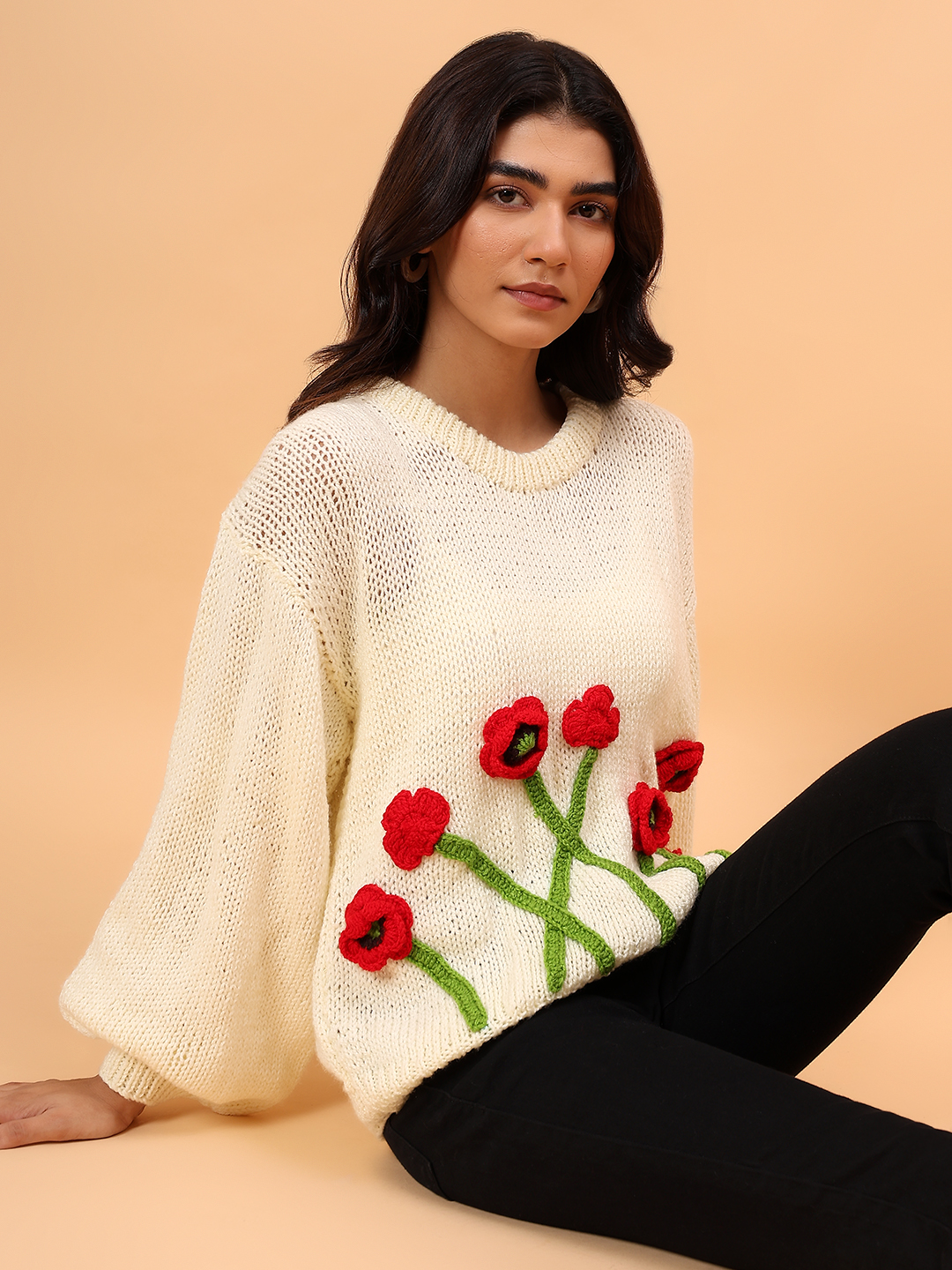 Velvery Red Floral Round Neck Pullover - Cream