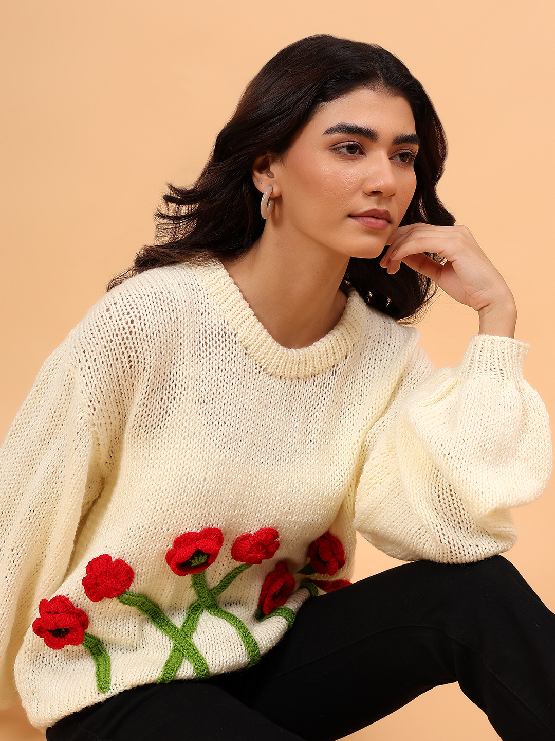 Velvery Red Floral Round Neck Pullover - Cream