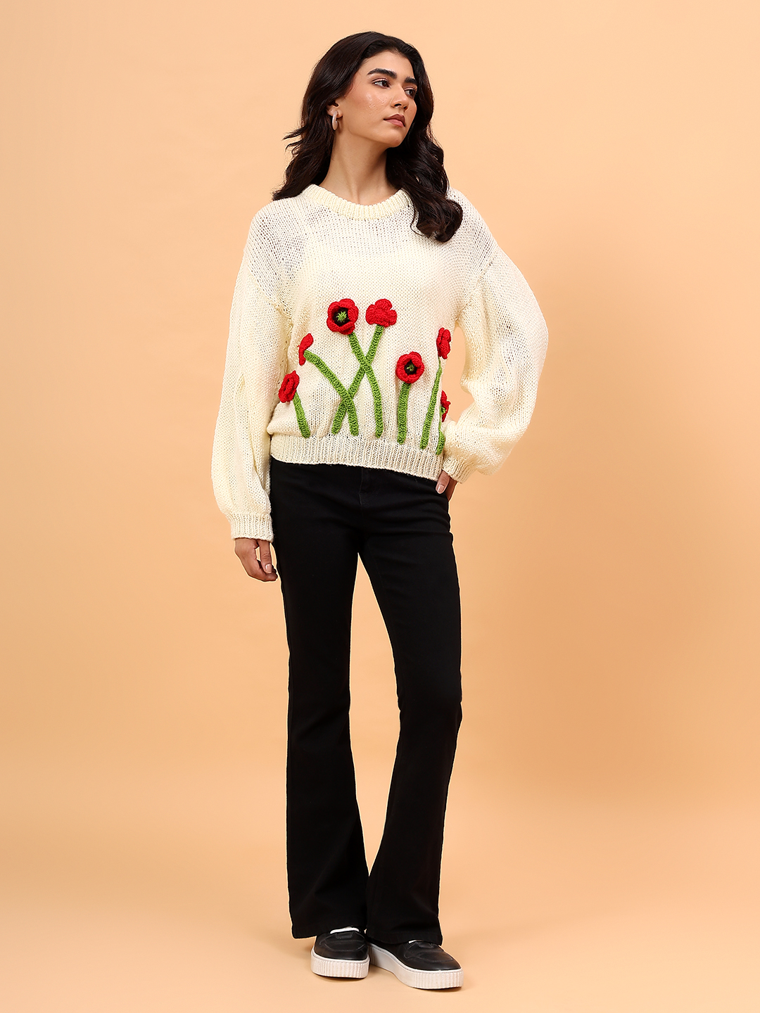 Velvery Red Floral Round Neck Pullover - Cream