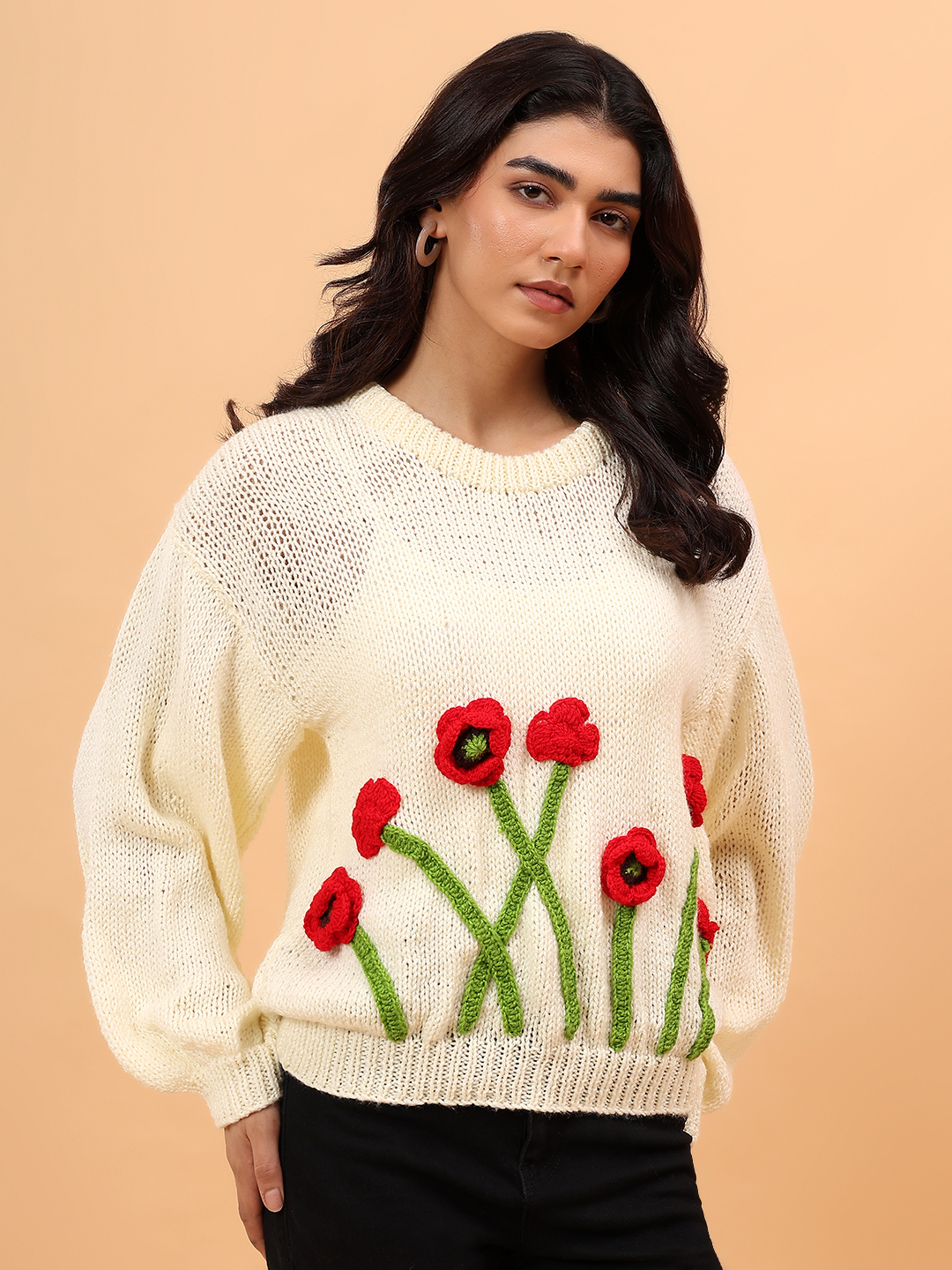 Velvery Red Floral Round Neck Pullover - Cream