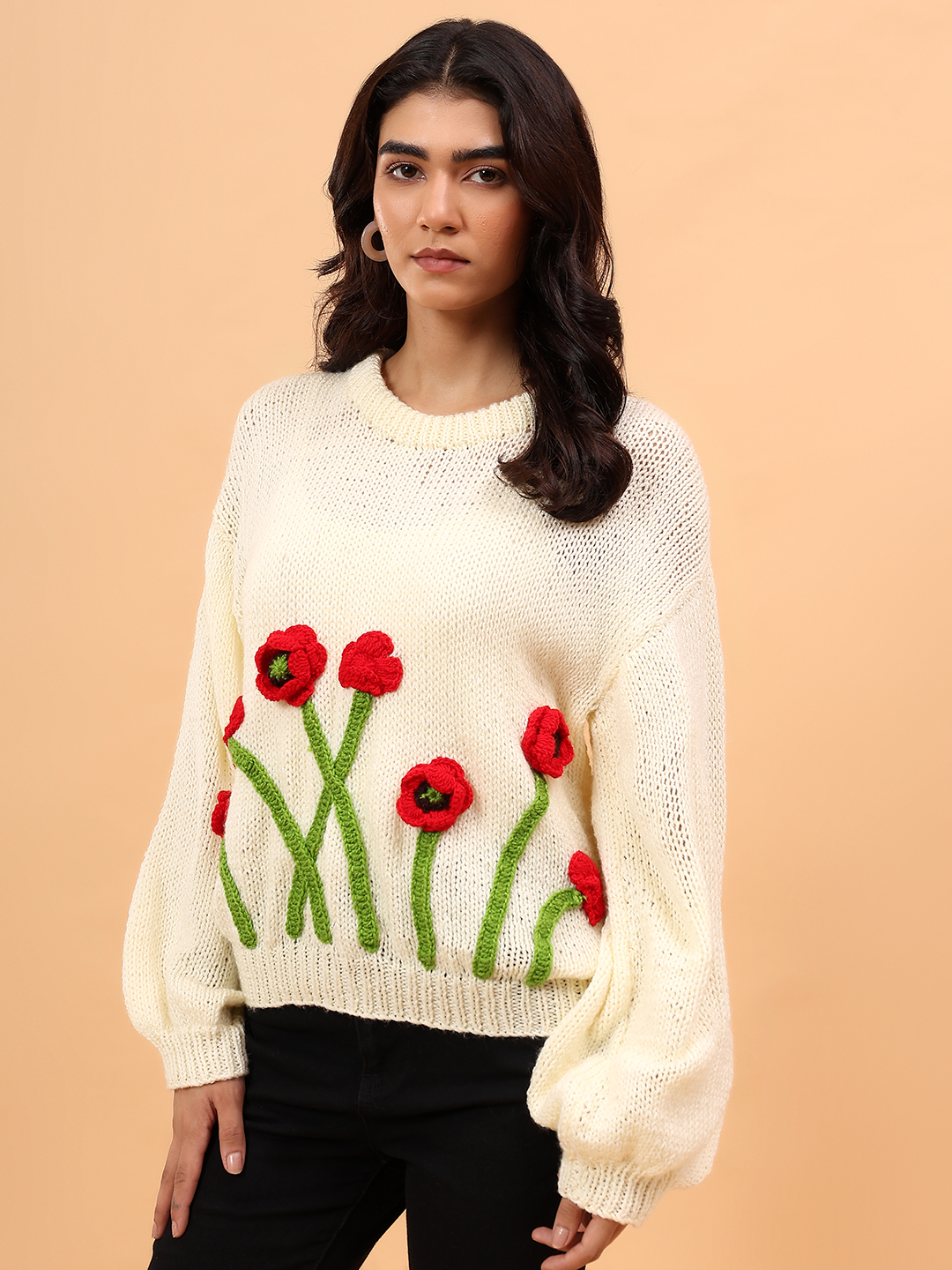 Velvery Red Floral Round Neck Pullover - Cream