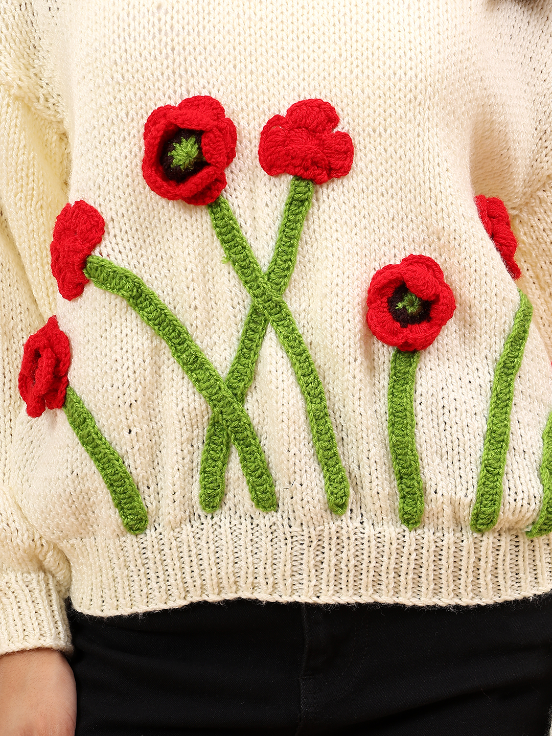 Velvery Red Floral Round Neck Pullover - Cream