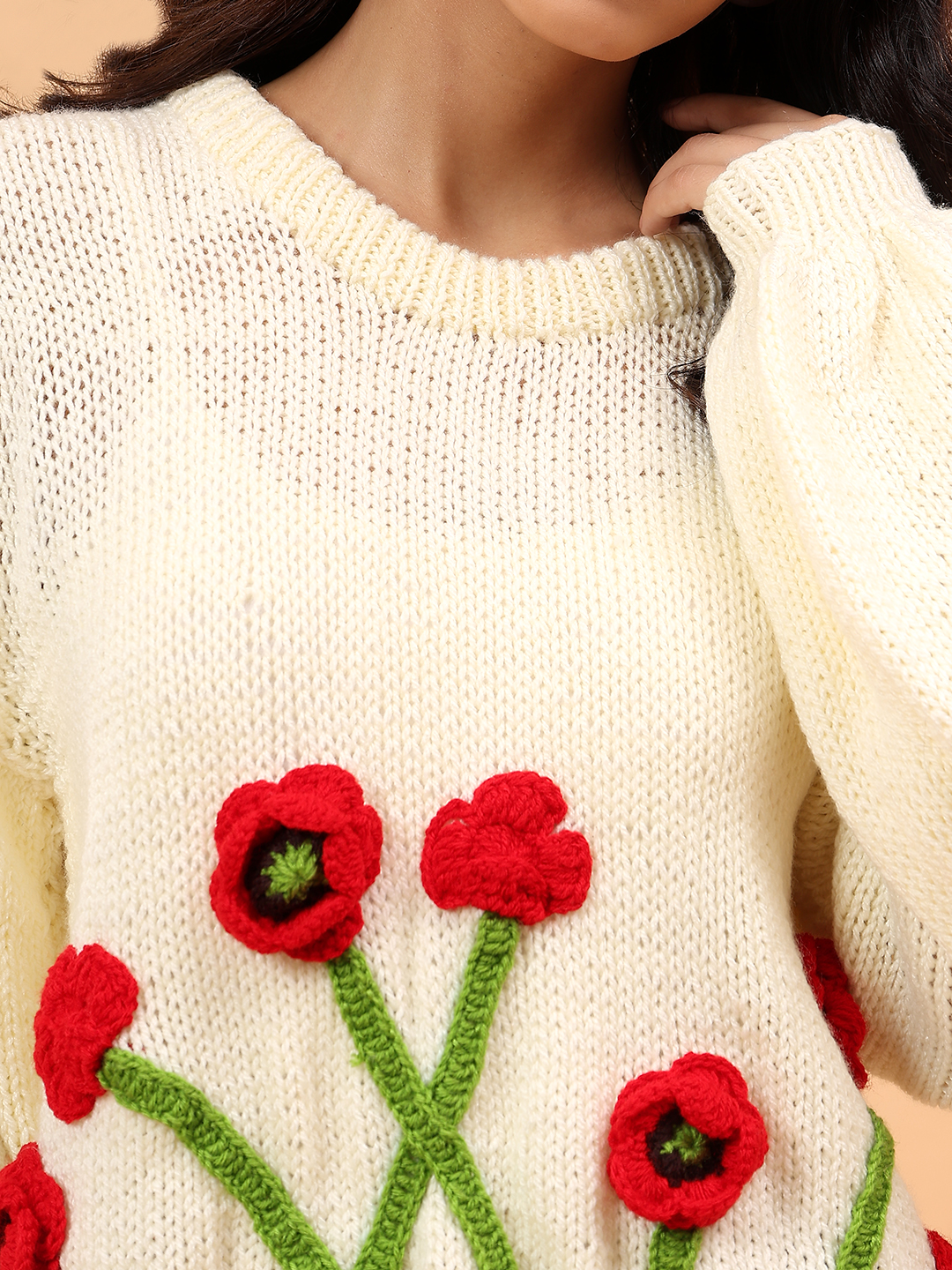 Velvery Red Floral Round Neck Pullover - Cream