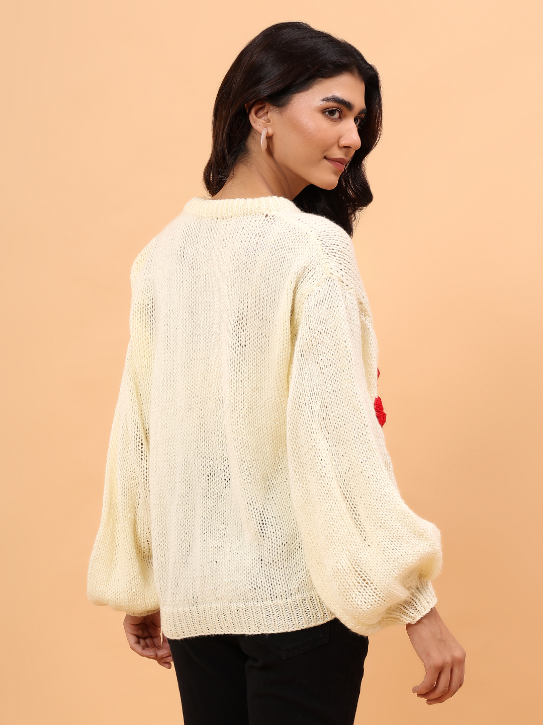 Velvery Red Floral Round Neck Pullover - Cream