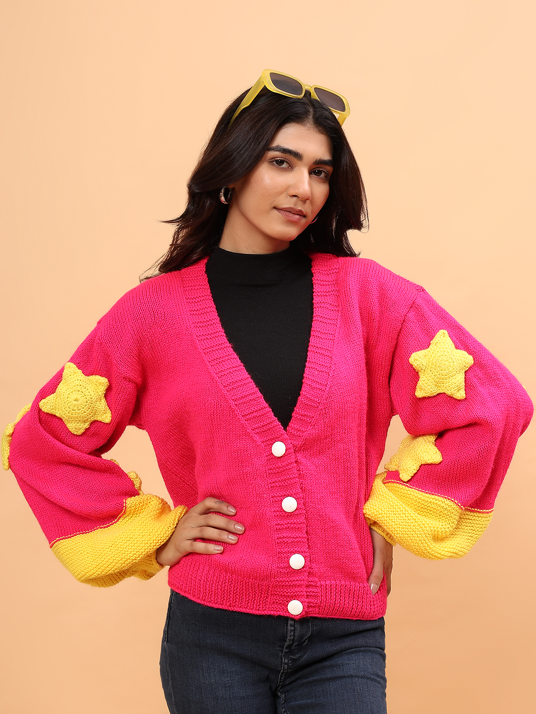 Baggy Yellow Star Applique Cardigan - Fuschia