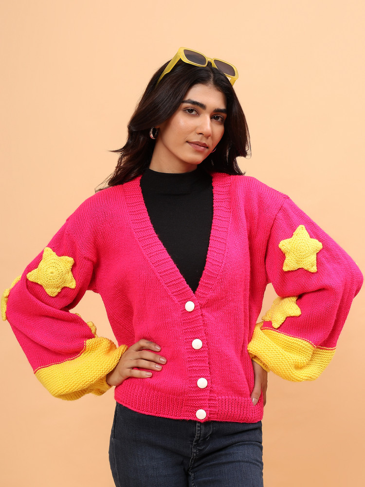 Image of Baggy Yellow Star Applique Cardigan - Fuschia