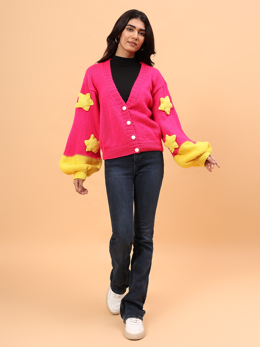 Baggy Yellow Star Applique Cardigan - Fuschia