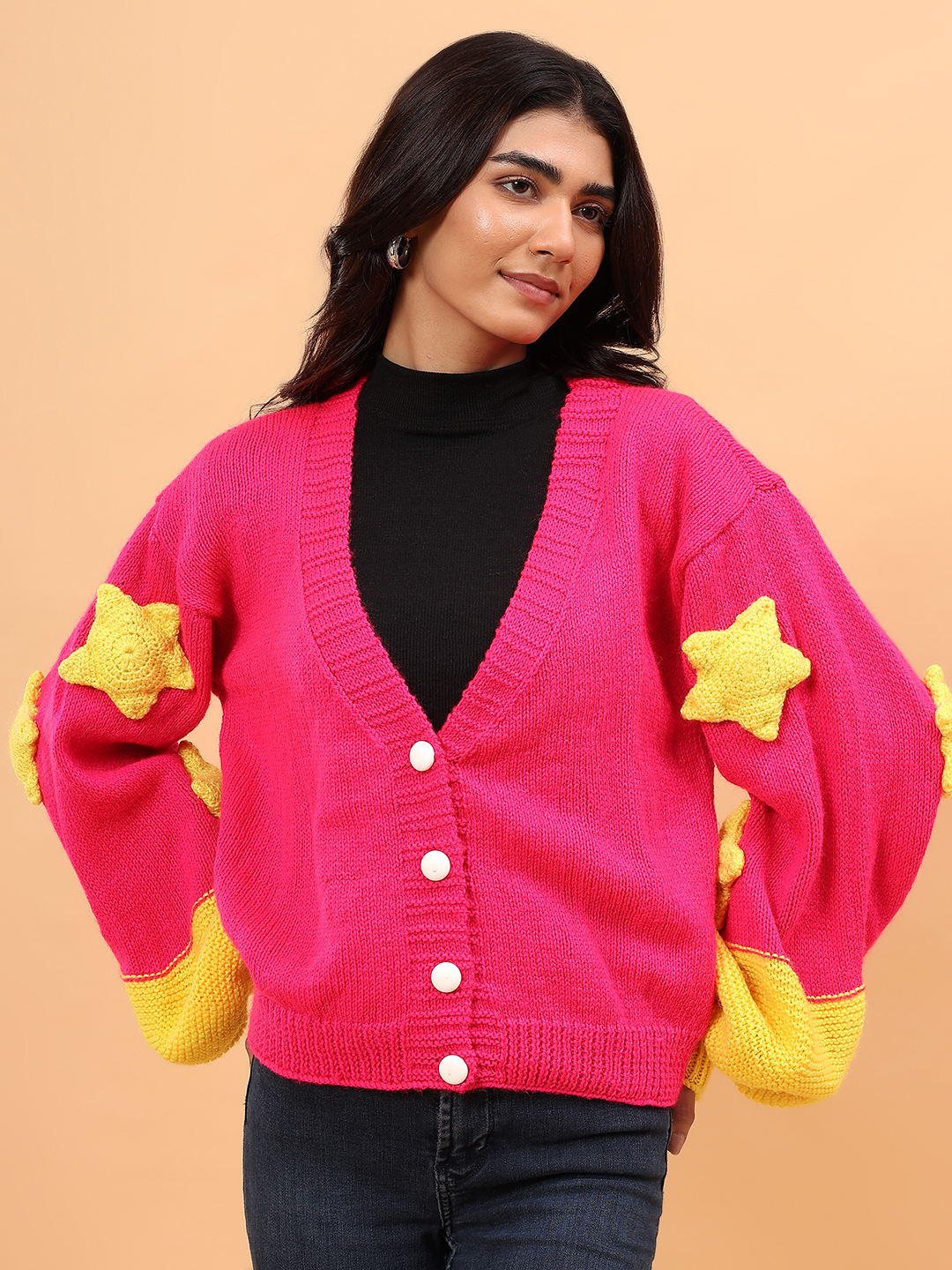 Baggy Yellow Star Applique Cardigan - Fuschia