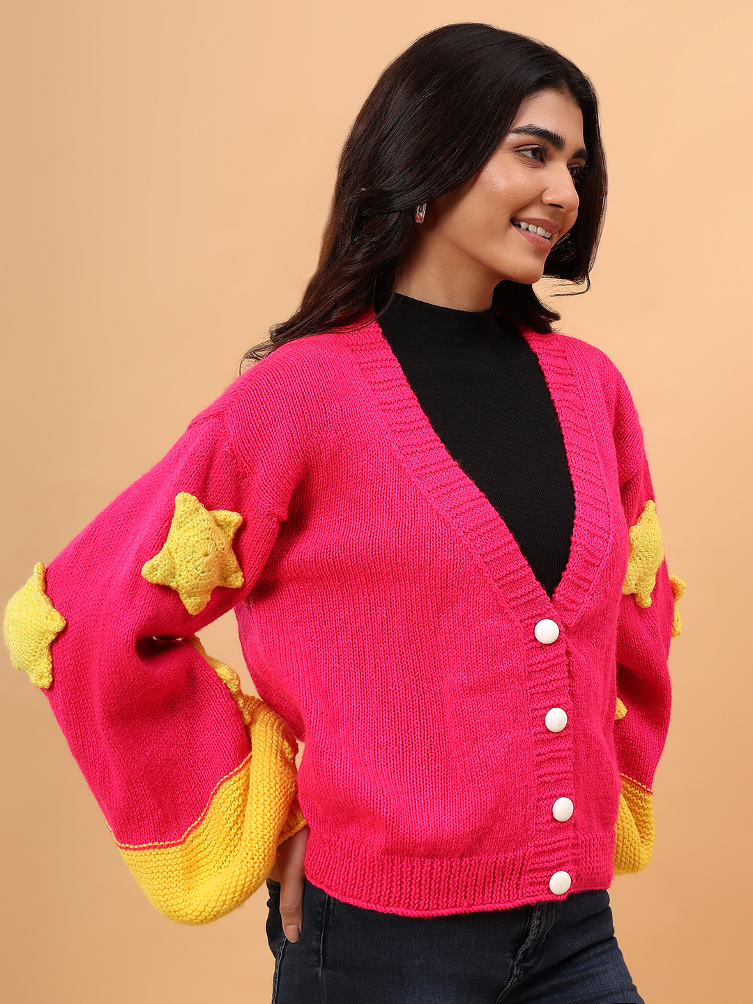 Baggy Yellow Star Applique Cardigan - Fuschia