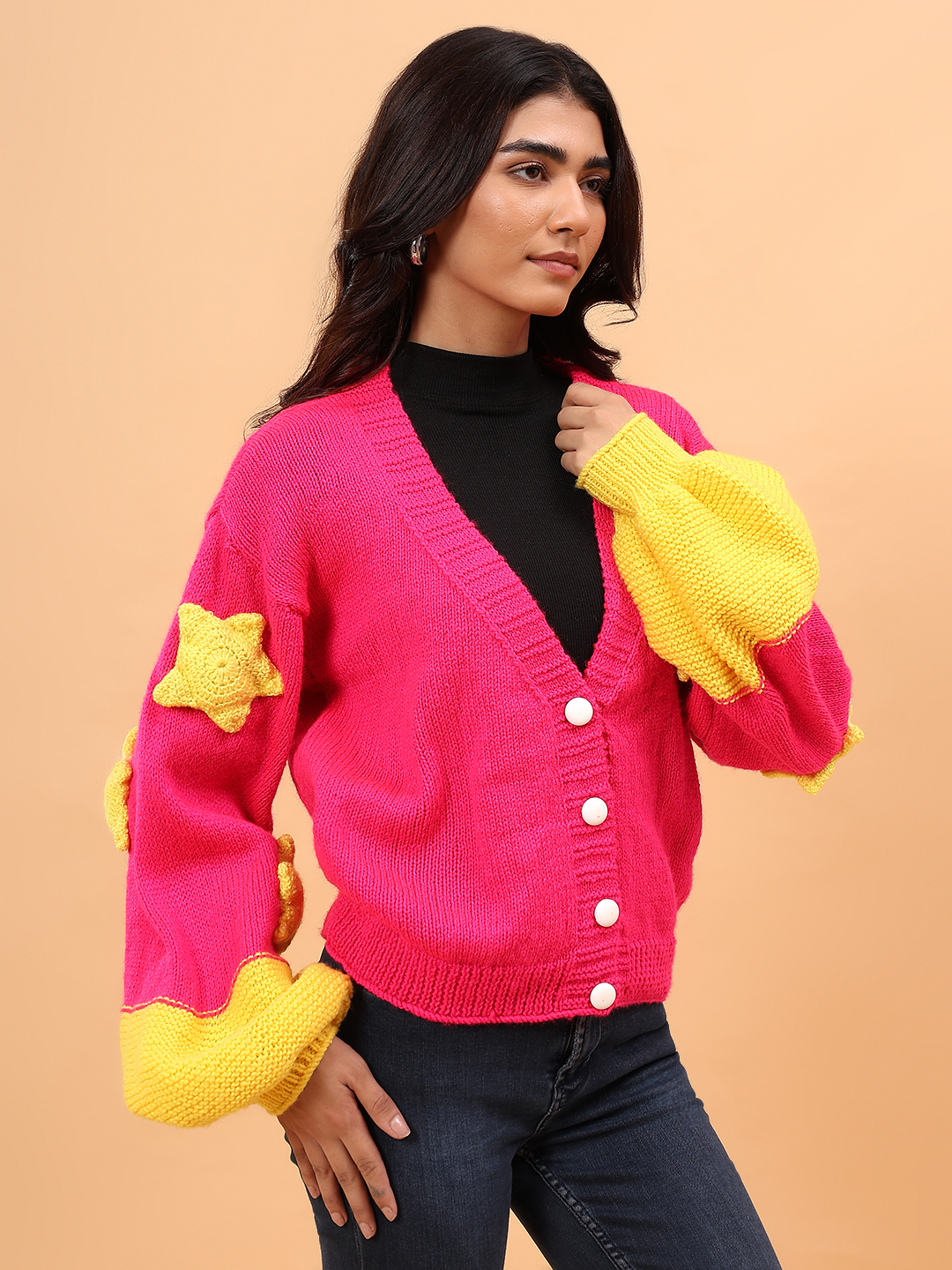 Baggy Yellow Star Applique Cardigan - Fuschia