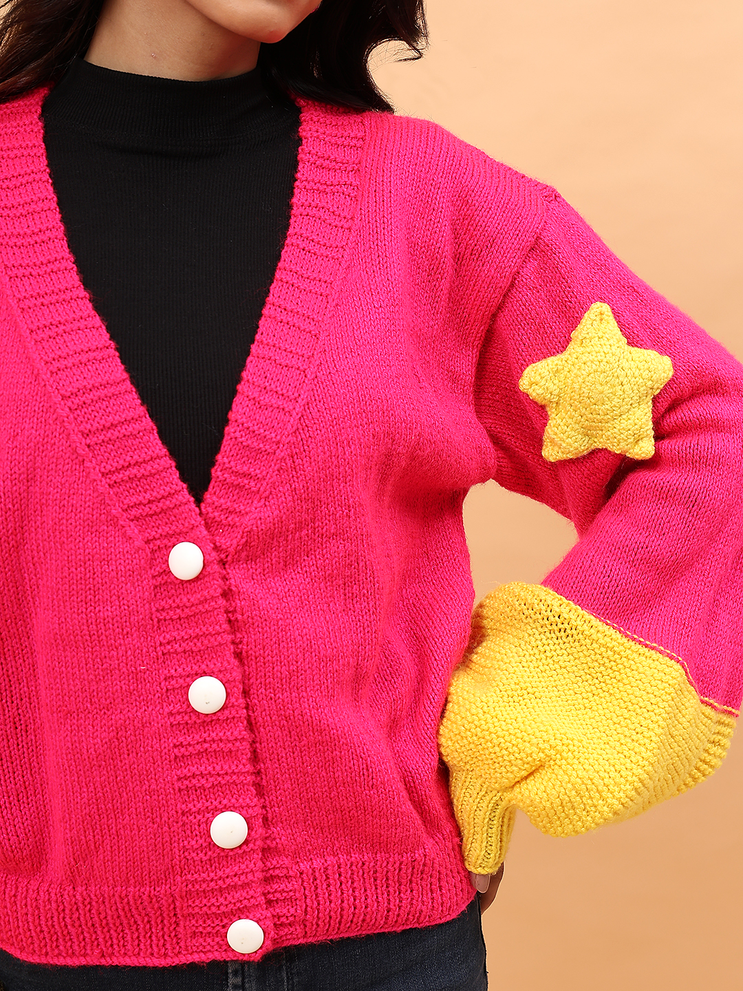Baggy Yellow Star Applique Cardigan - Fuschia