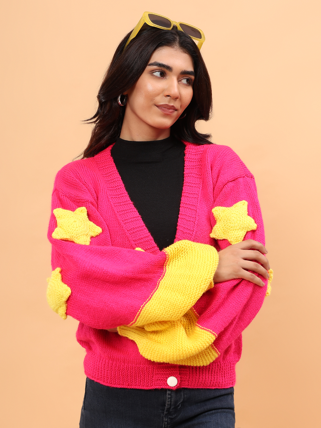 Baggy Yellow Star Applique Cardigan - Fuschia