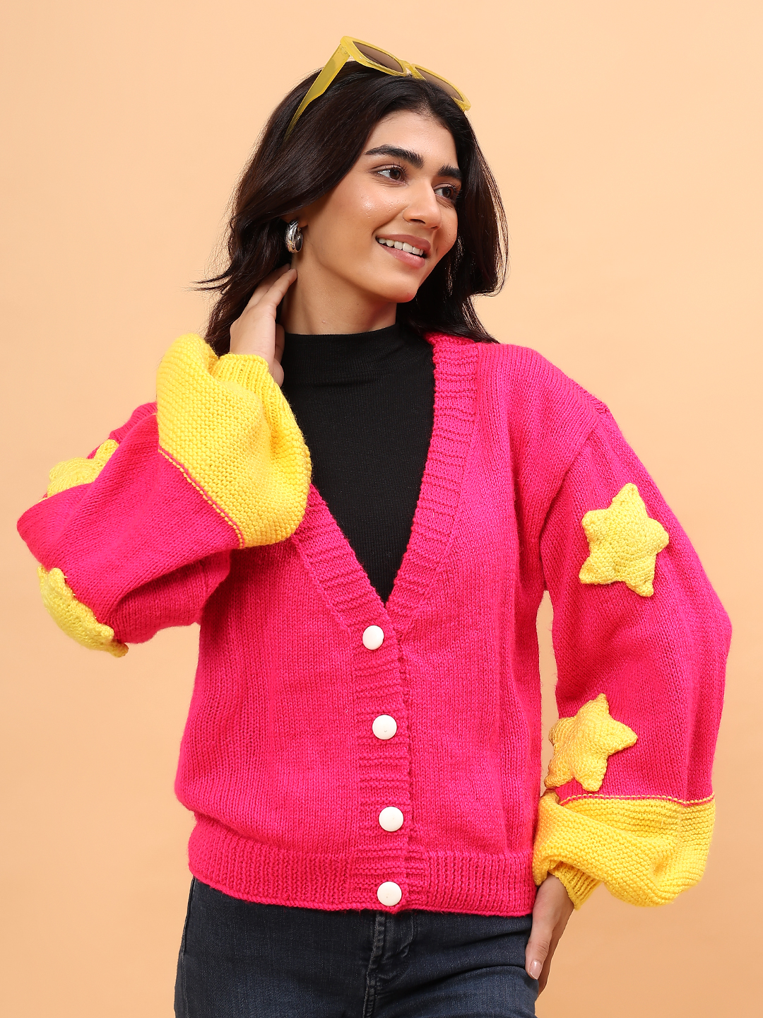 Baggy Yellow Star Applique Cardigan - Fuschia
