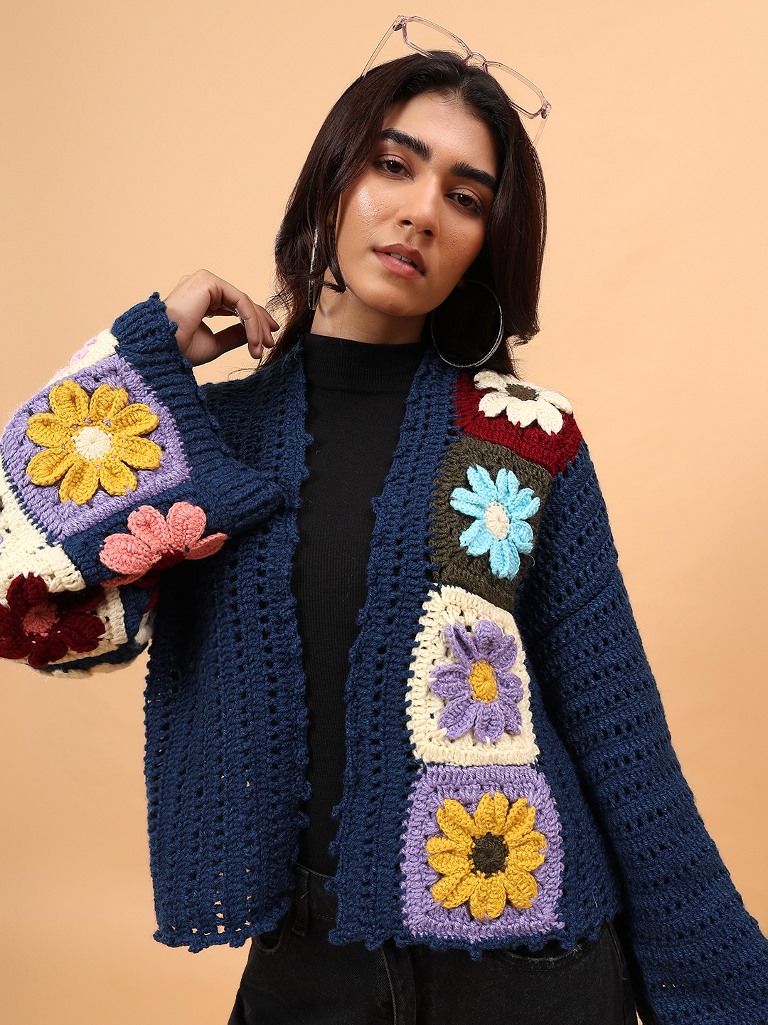 Velvery Crochet Colorful Floral Cardigan - Blue