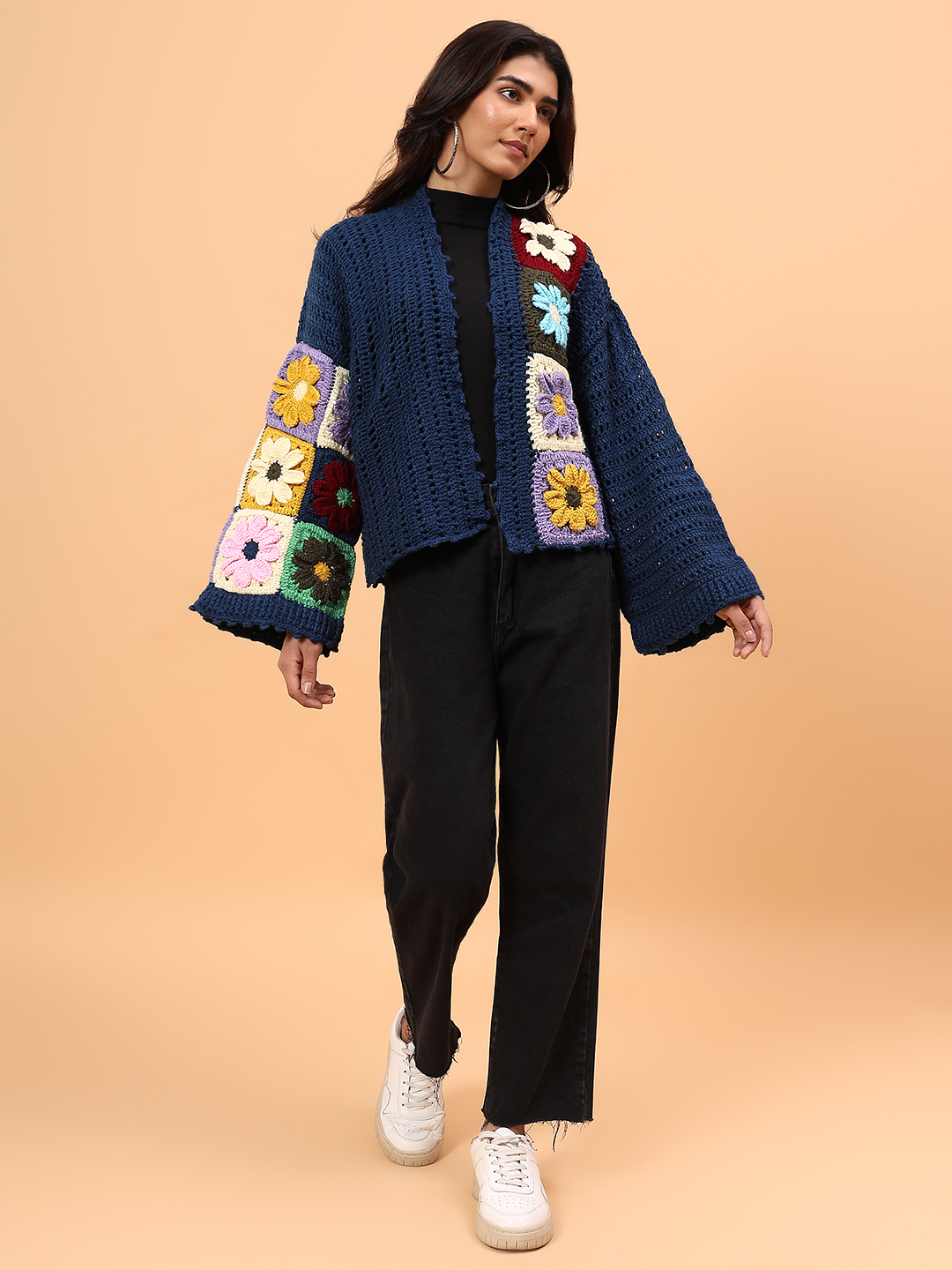 Velvery Crochet Colorful Floral Cardigan - Blue