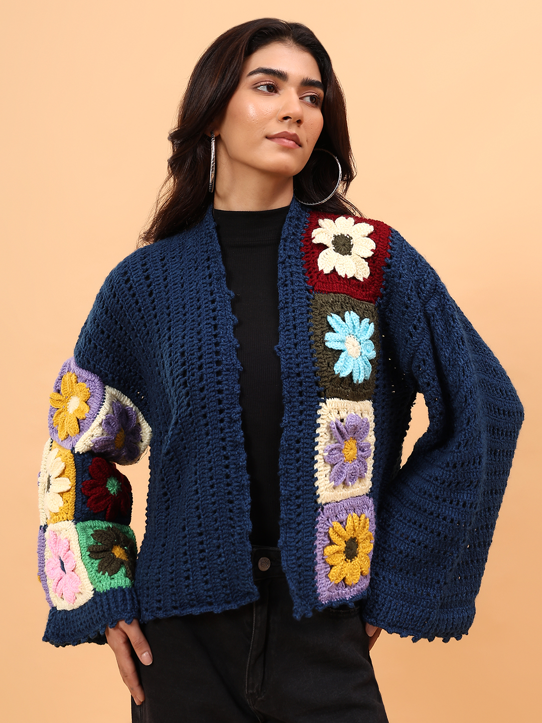Velvery Crochet Colorful Floral Cardigan - Blue