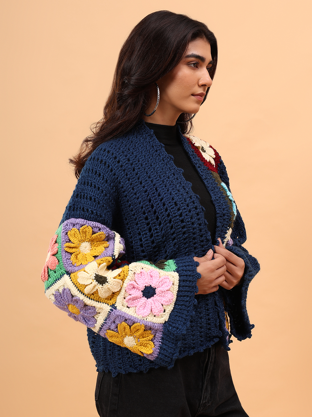 Velvery Crochet Colorful Floral Cardigan - Blue