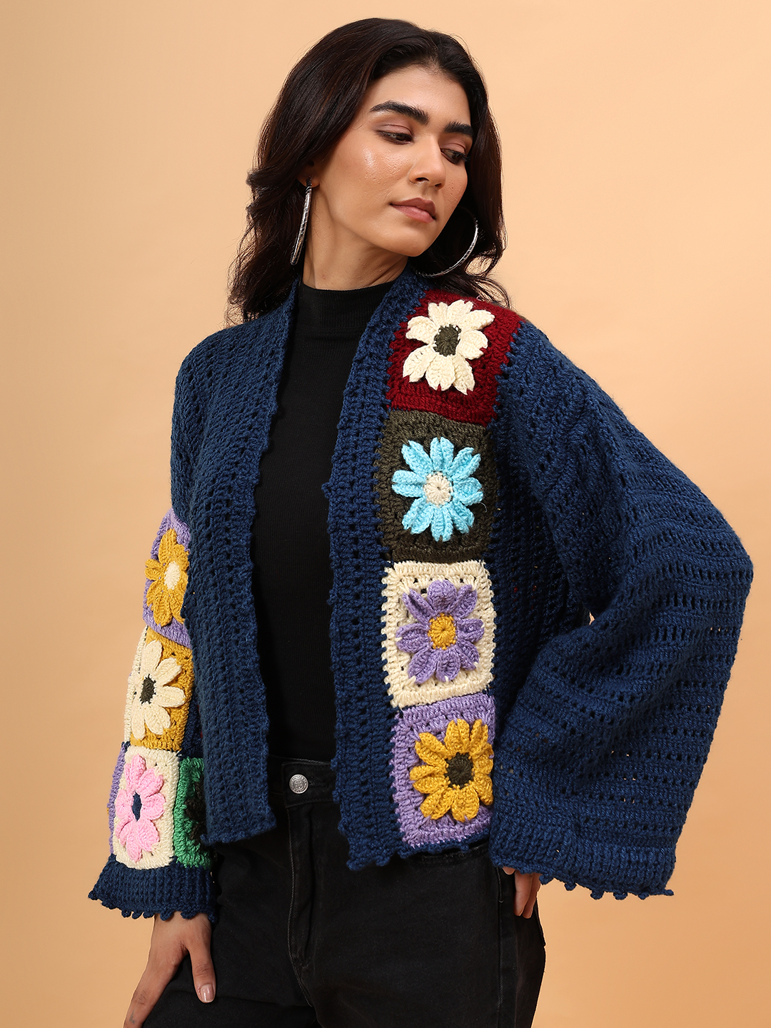 Velvery Crochet Colorful Floral Cardigan - Blue