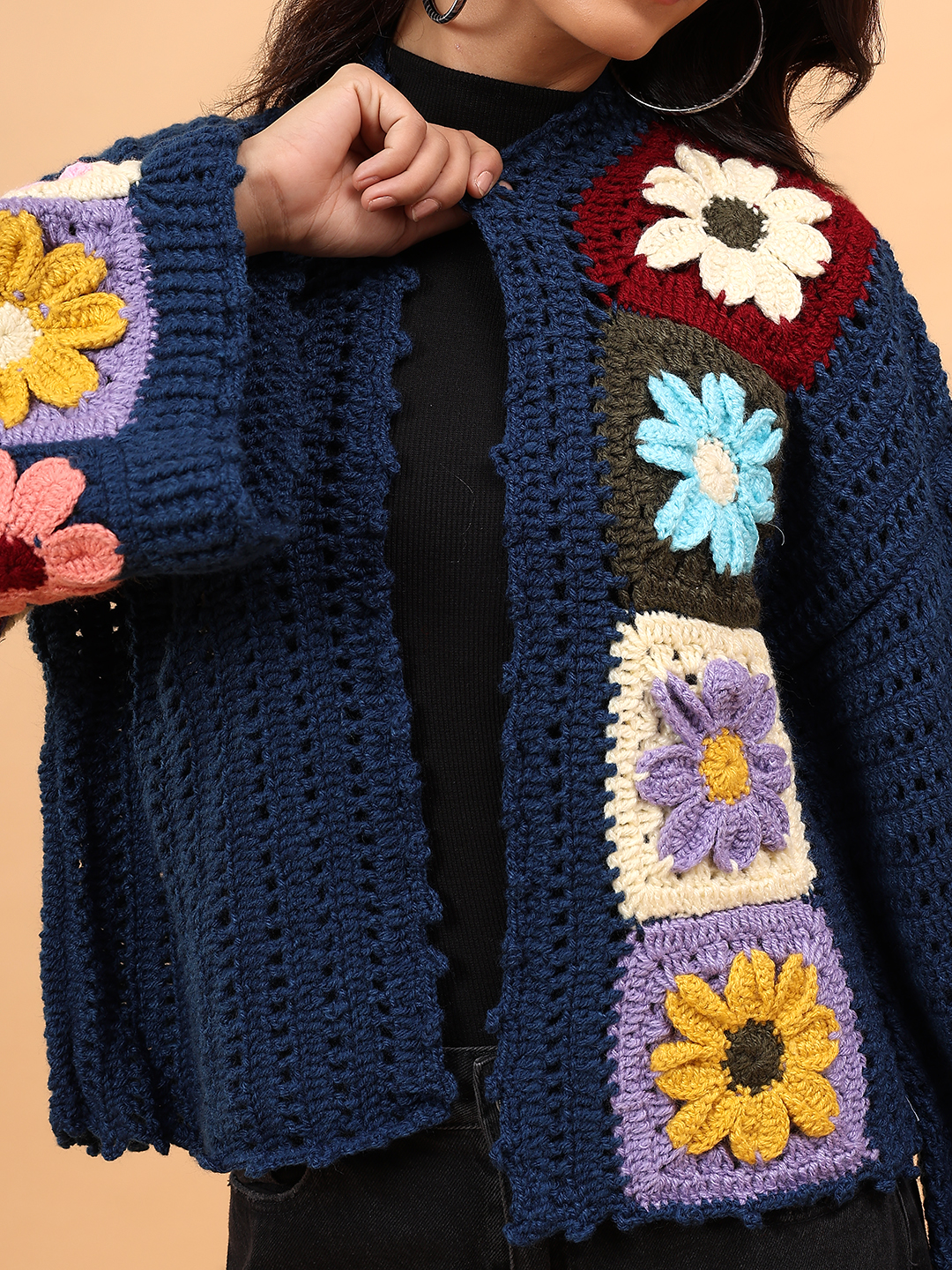 Velvery Crochet Colorful Floral Cardigan - Blue