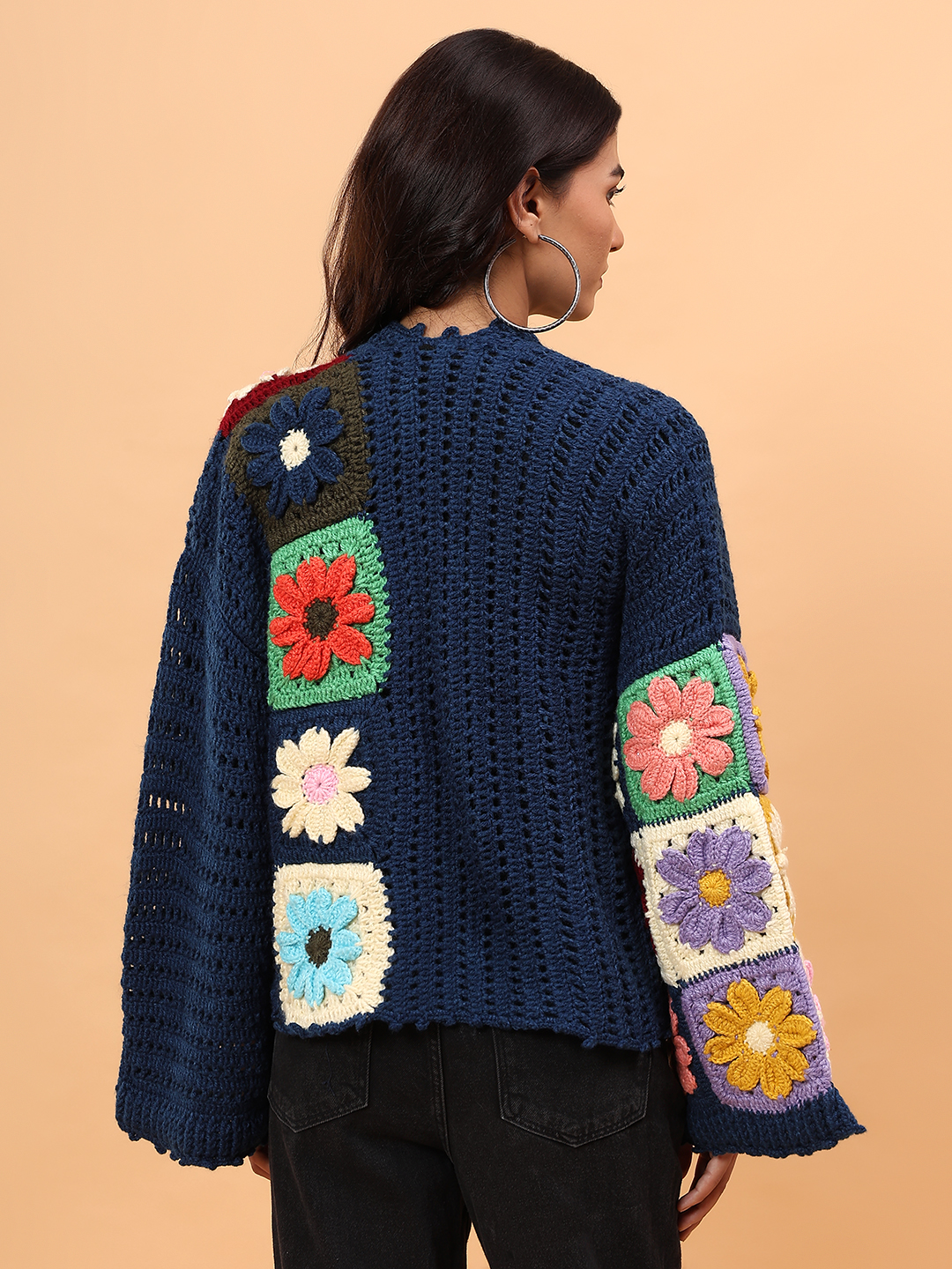 Velvery Crochet Colorful Floral Cardigan - Blue