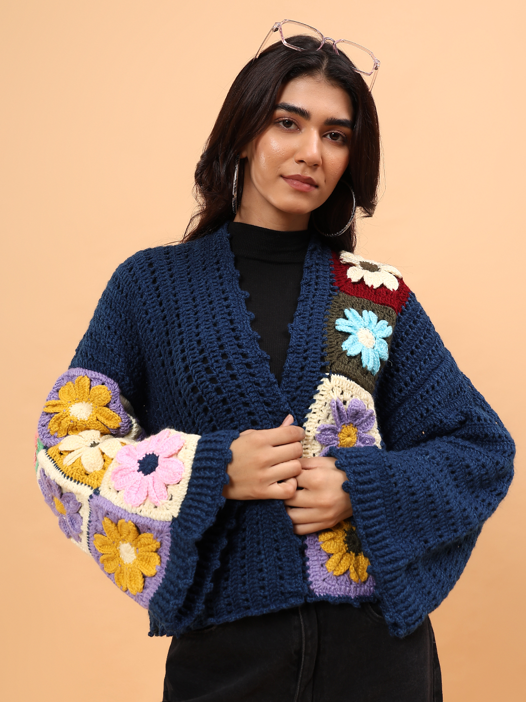 Velvery Crochet Colorful Floral Cardigan - Blue