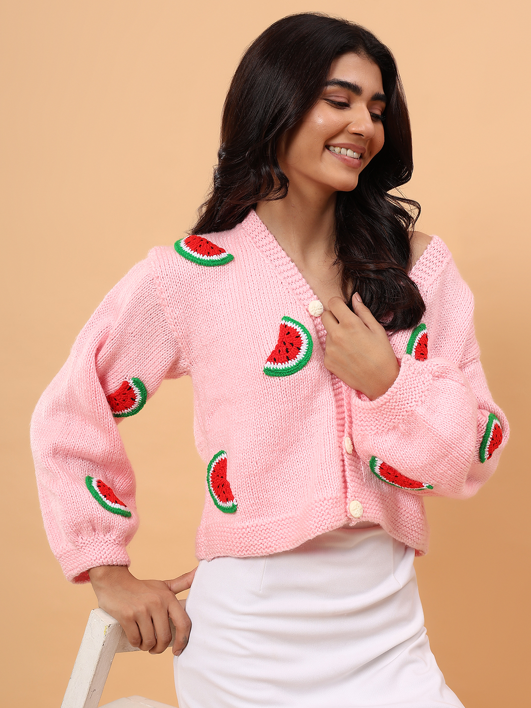 Handknitted Watermelon Applique Cardigan - Pink