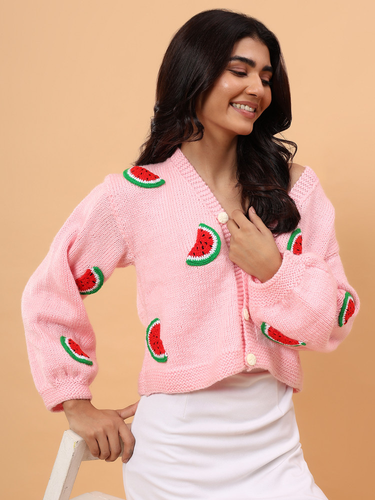 Image of Handknitted Watermelon Applique Cardigan - Pink