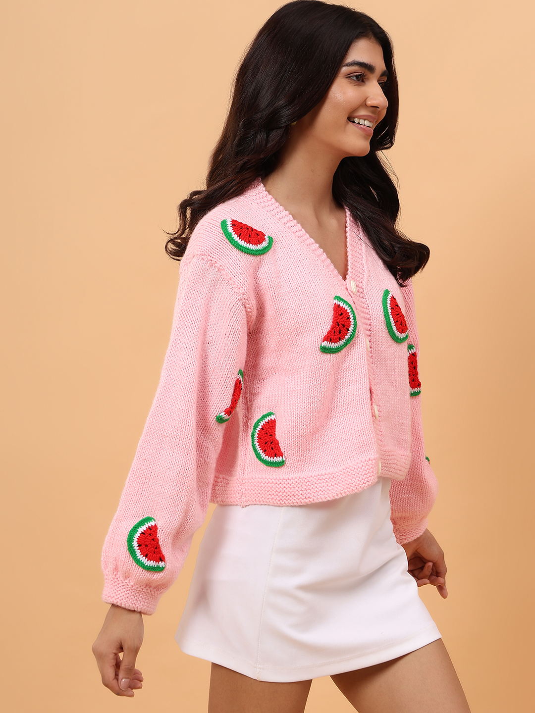 Handknitted Watermelon Applique Cardigan - Pink