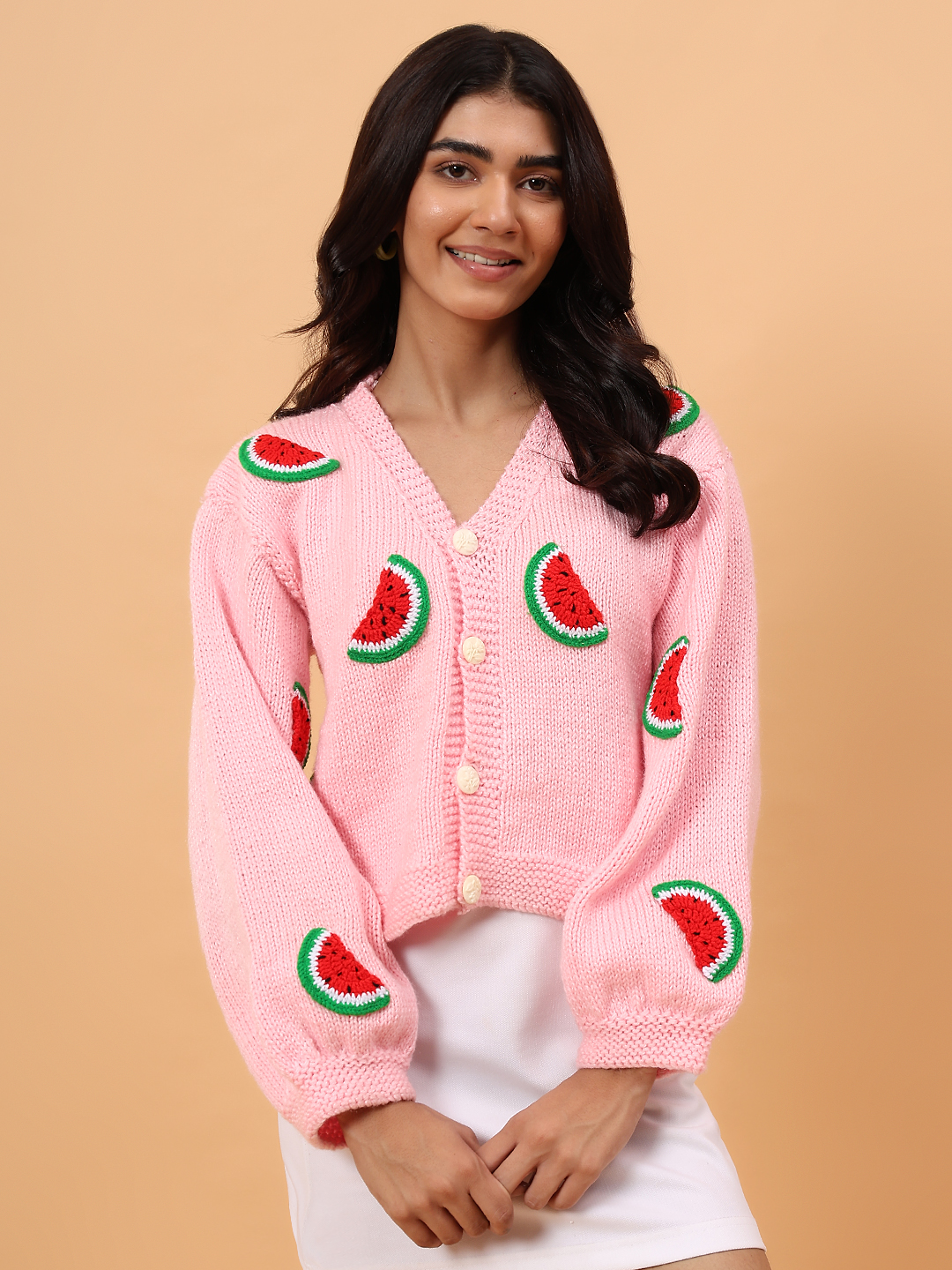 Handknitted Watermelon Applique Cardigan - Pink