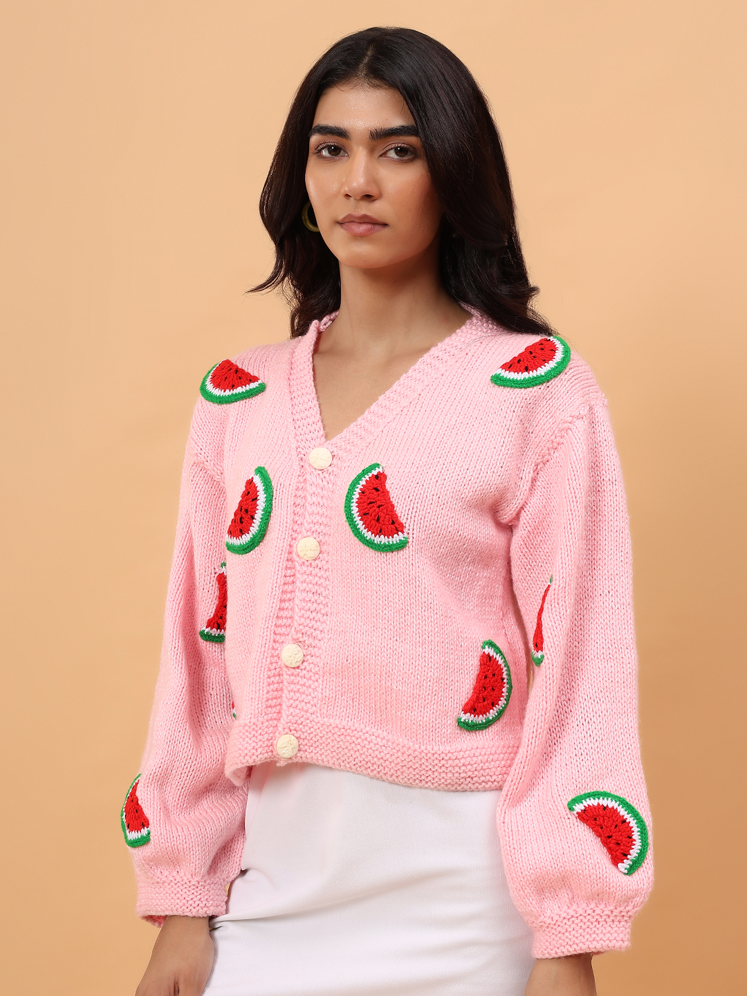 Handknitted Watermelon Applique Cardigan - Pink