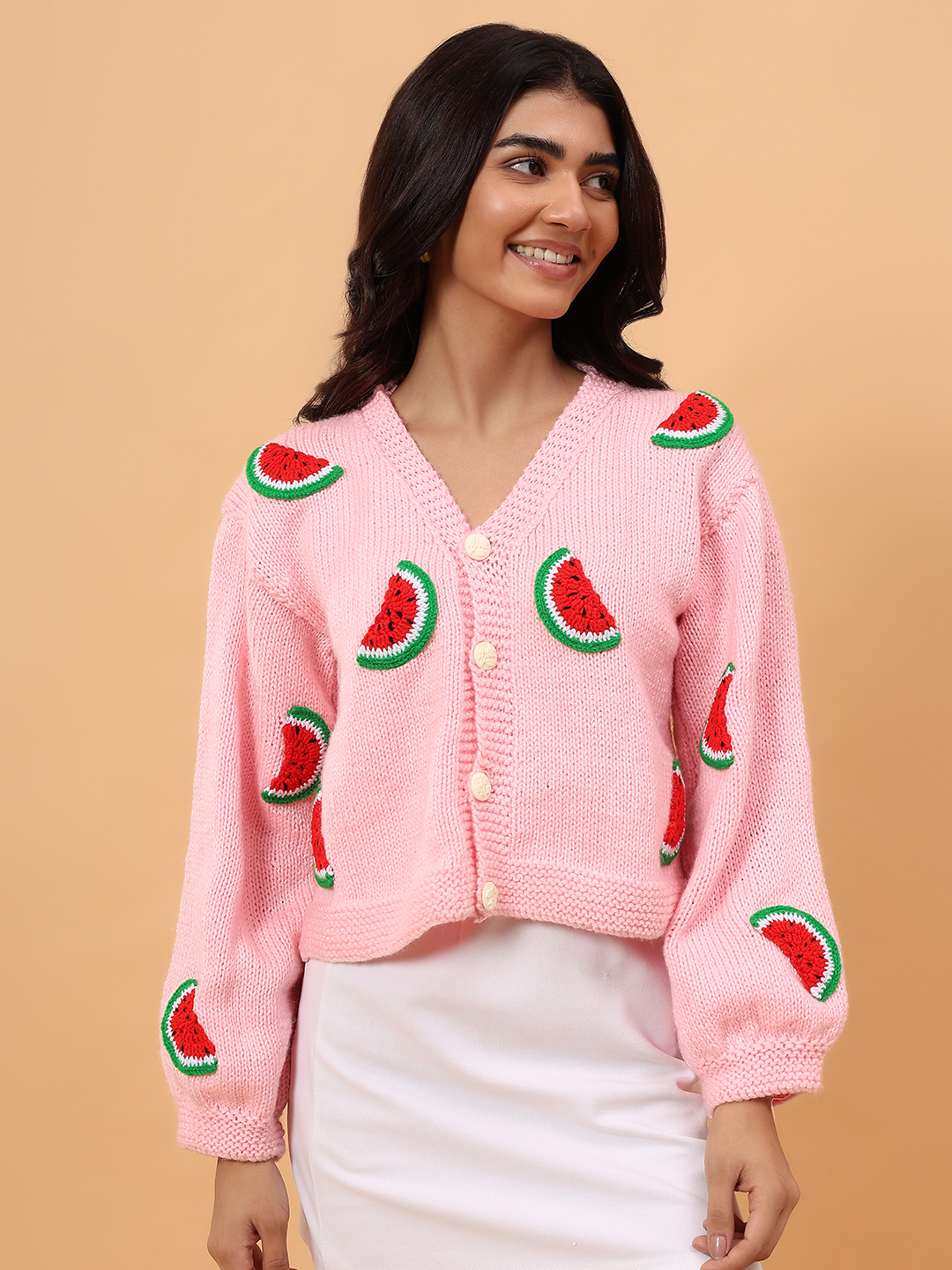 Handknitted Watermelon Applique Cardigan - Pink