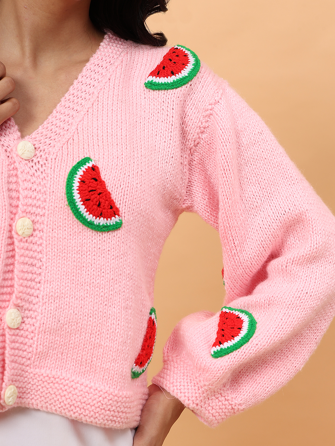 Handknitted Watermelon Applique Cardigan - Pink