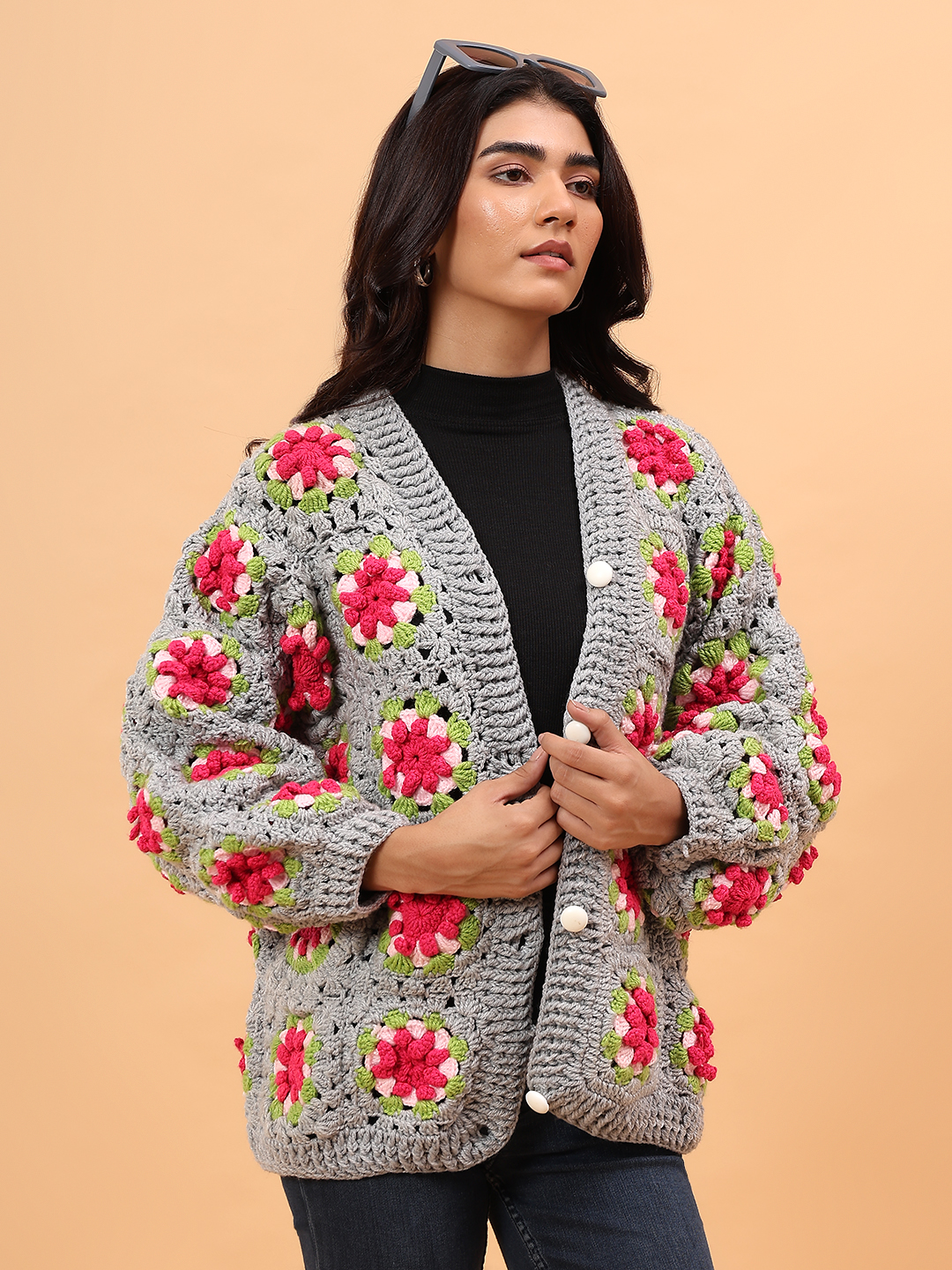 Velvery Granny Square Crochet Sweater - Light Grey