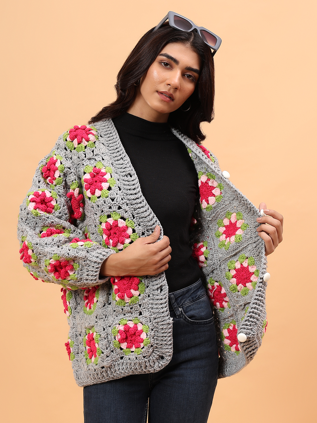 Velvery Granny Square Crochet Sweater - Light Grey