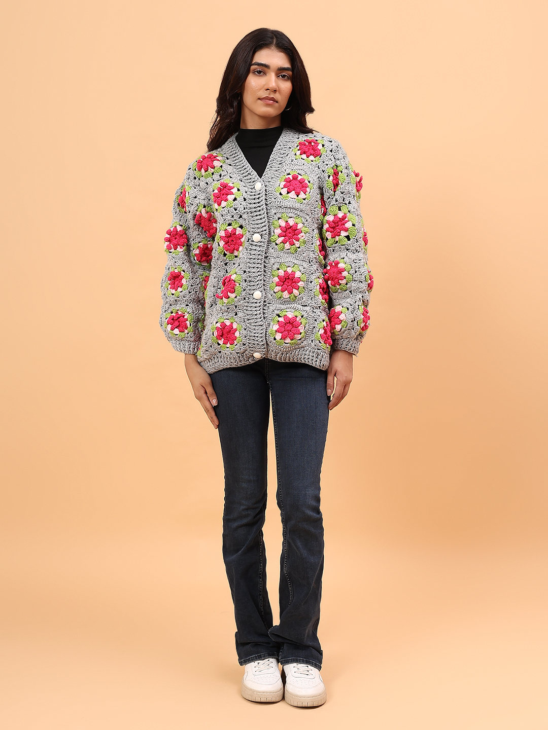 Velvery Granny Square Crochet Sweater - Light Grey