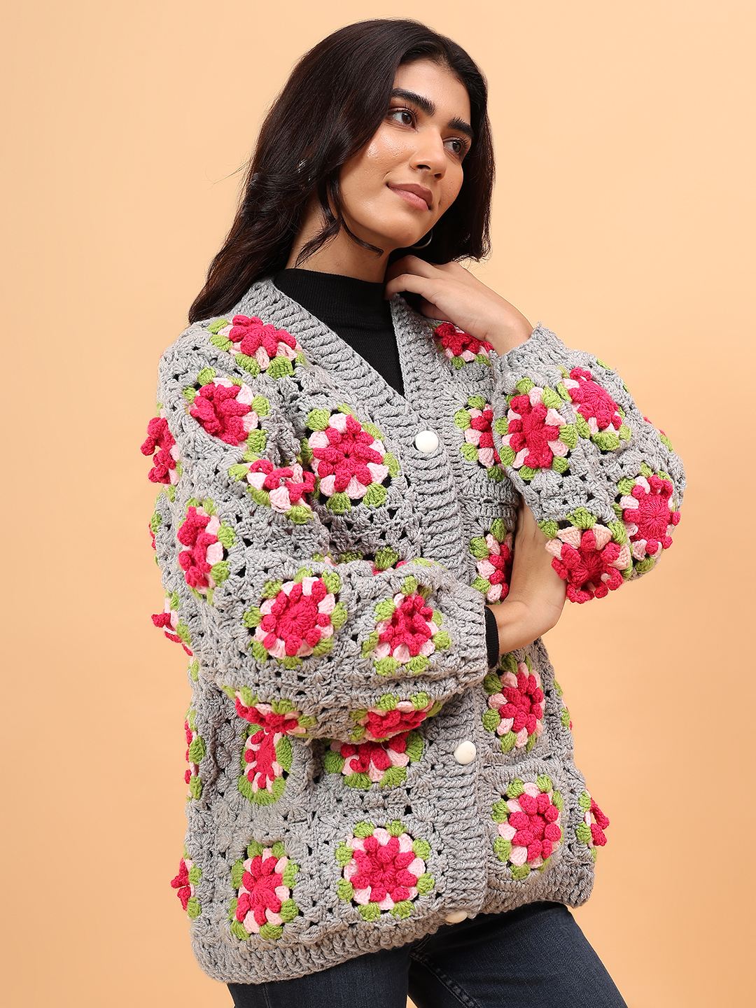 Velvery Granny Square Crochet Sweater - Light Grey