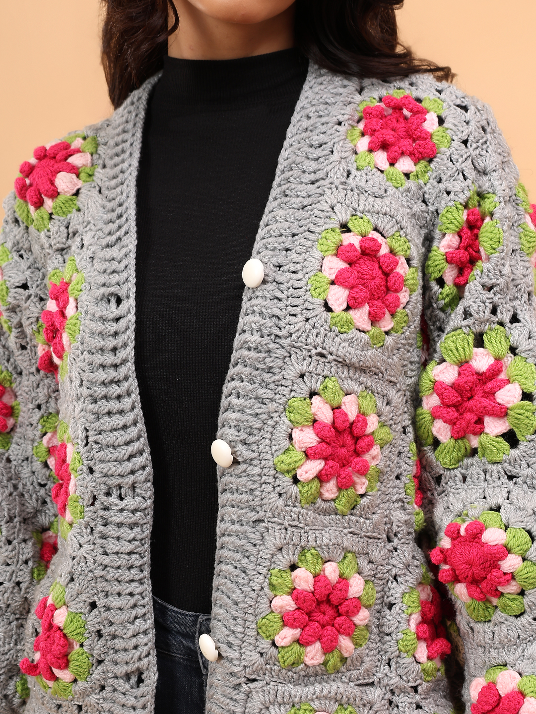 Velvery Granny Square Crochet Sweater - Light Grey