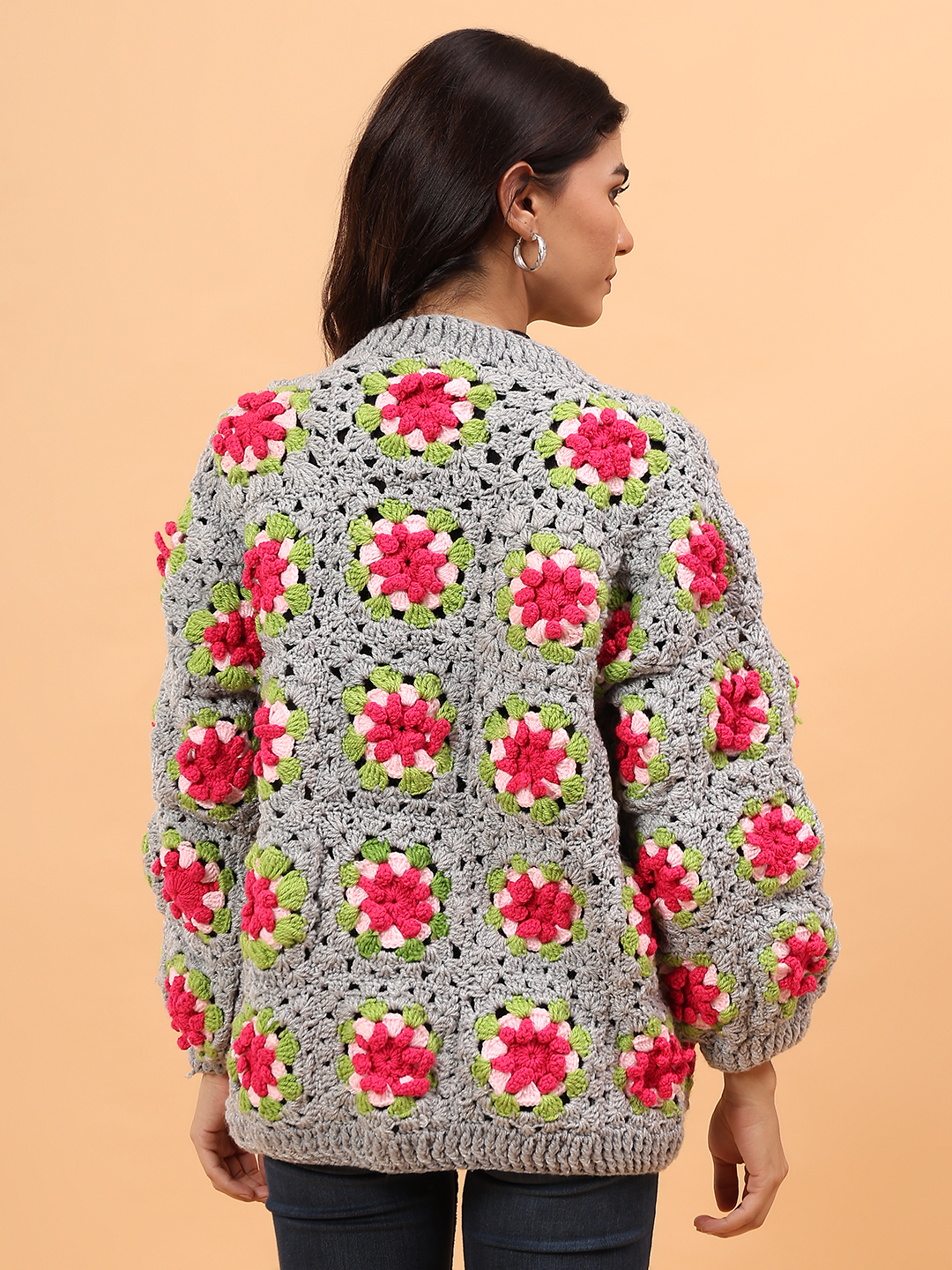 Velvery Granny Square Crochet Sweater - Light Grey